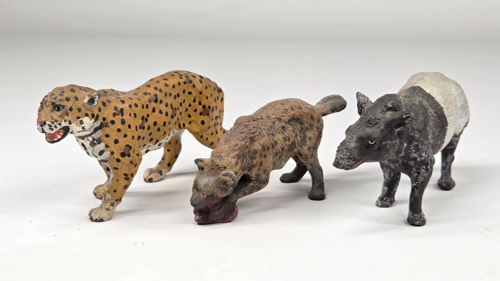 3) ANTIQUE GERMAN COMPOSITION ANIMALS: ALL REMAIN IN GOOD CONDITION, SHOWING SOME TYPICAL WEAR.