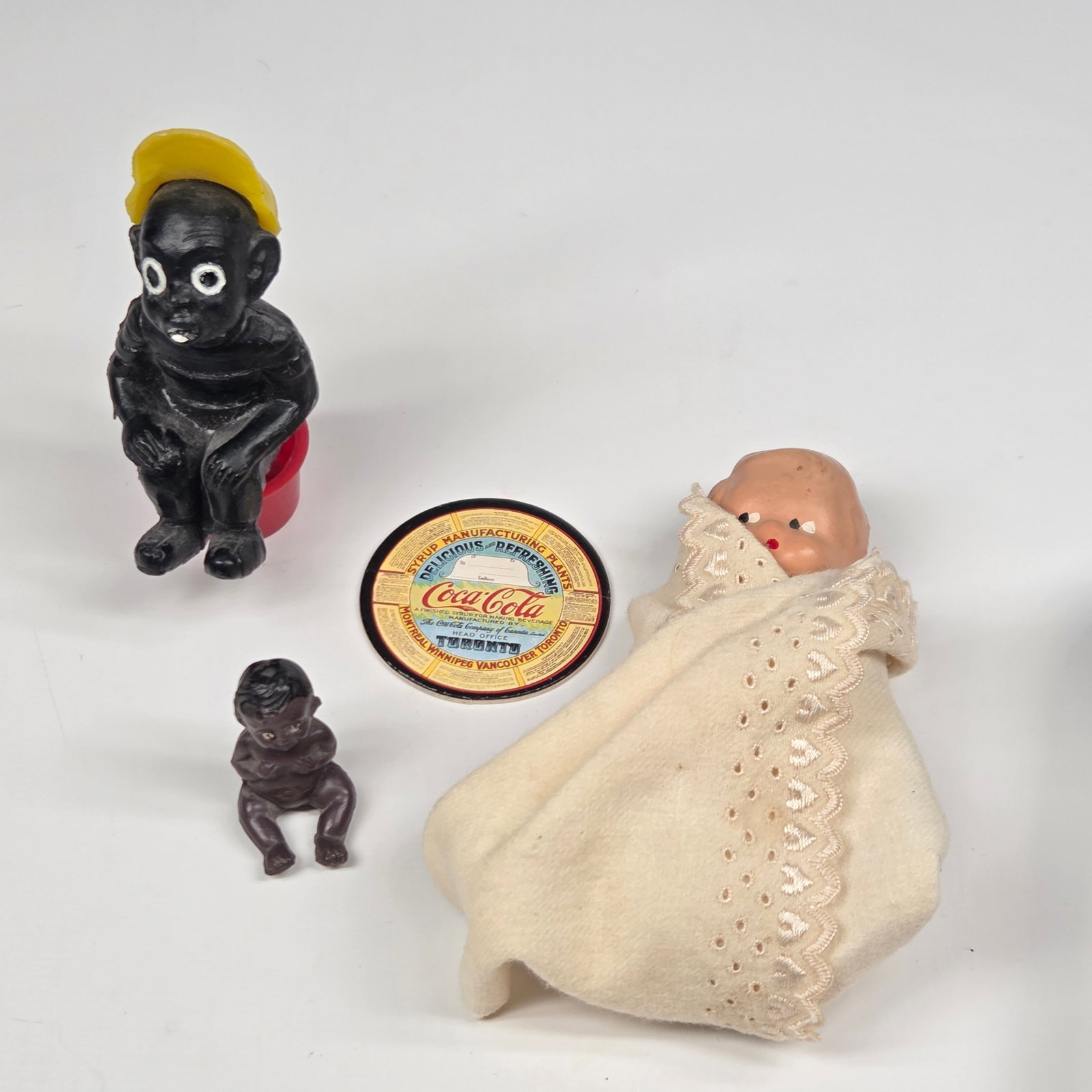 MISC. MINIATURE BABY DOLLS & GOGA COLA CAP: ALL REMAIN IN GOOD CONDITION.