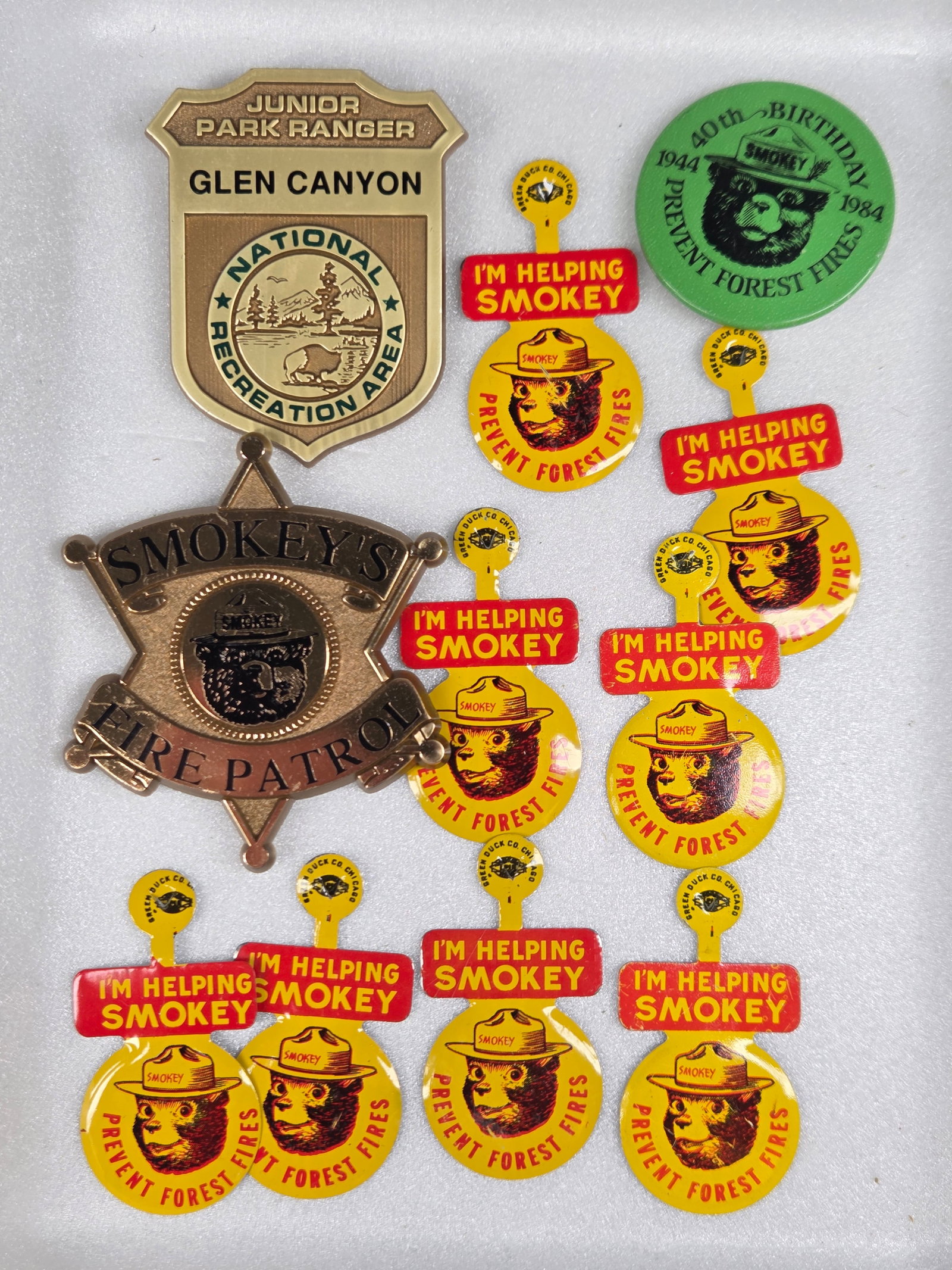 VARIOUS SMOKEY THE BEAR PINS & BADGES: ALL REMAIN IN GOOD CONDITION.