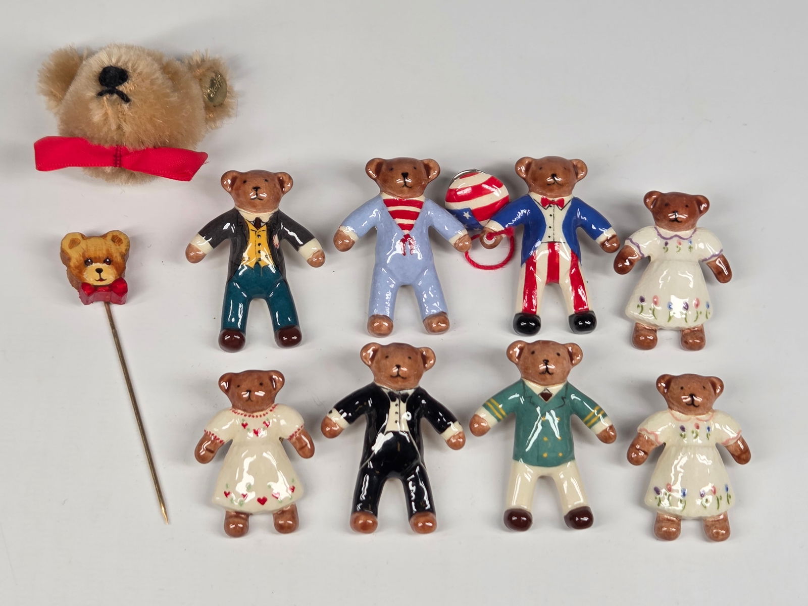 STEIFF BEAR PIN & 8) CERAMIC BEAR PINS: ALL REMAIN IN GOOD CONDITION.