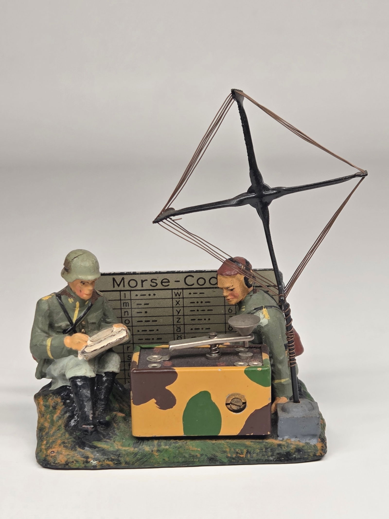 GERMAN ELASTOLIN MORSE CODE SOLDIERS: SET REMAINS IN VERY GOOD CONDITION, SHOWING ONLY SOME TYPICAL WEAR.