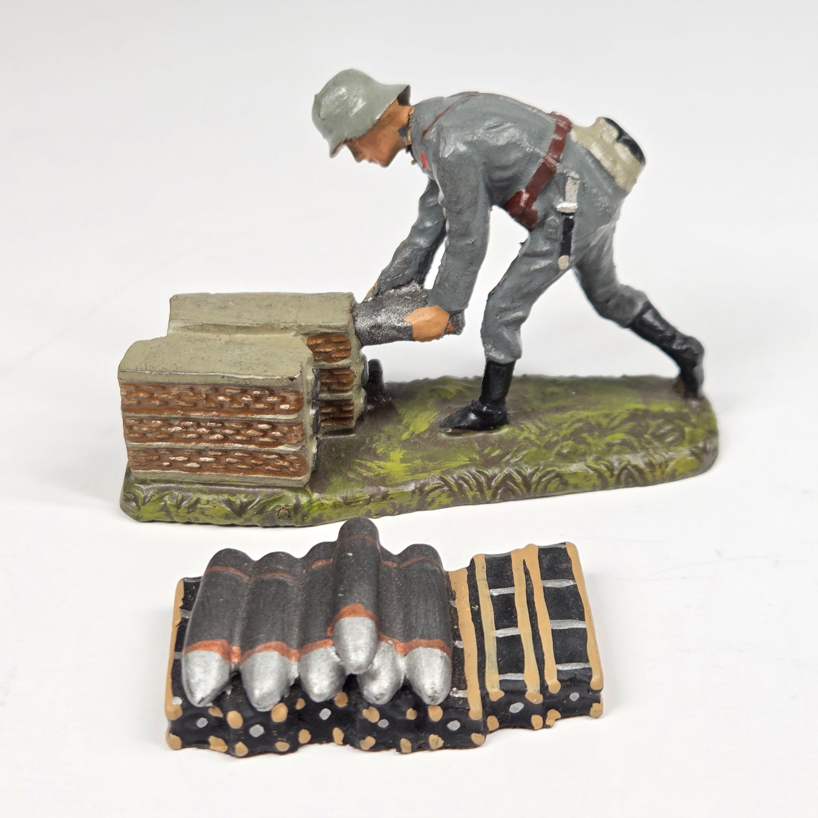 LINEOL GERMAN COMPOSITION SOLDIER W/ AMMO BOXES: BOTH REMAIN IN VERY GOOD CONDITION.