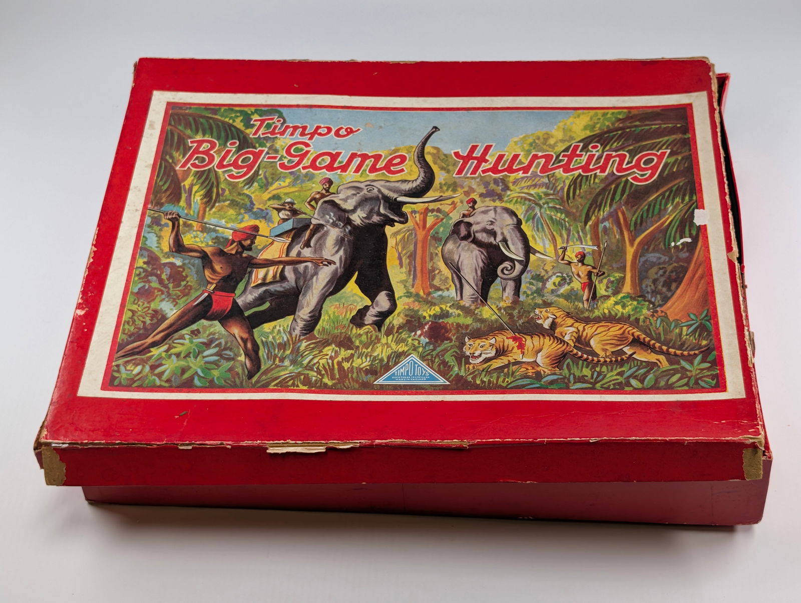 TIMPO BIG GAME HUNTING SET W/ BOX: SET REMAINS IN VERY GOOD CLEAN CONDITION, INCLUDING ALL PIECES AS SHOWN. BOX SHOWING WEAR THROUGHOUT WITH TEARS.