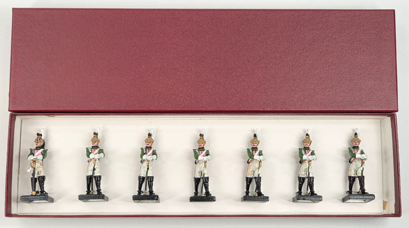 SET OF 7 ALYMER HAND PAINTED SOLDIERS: ALL REMAIN IN GOOD CONDITION, SHOWING SOME TYPICAL WEAR.