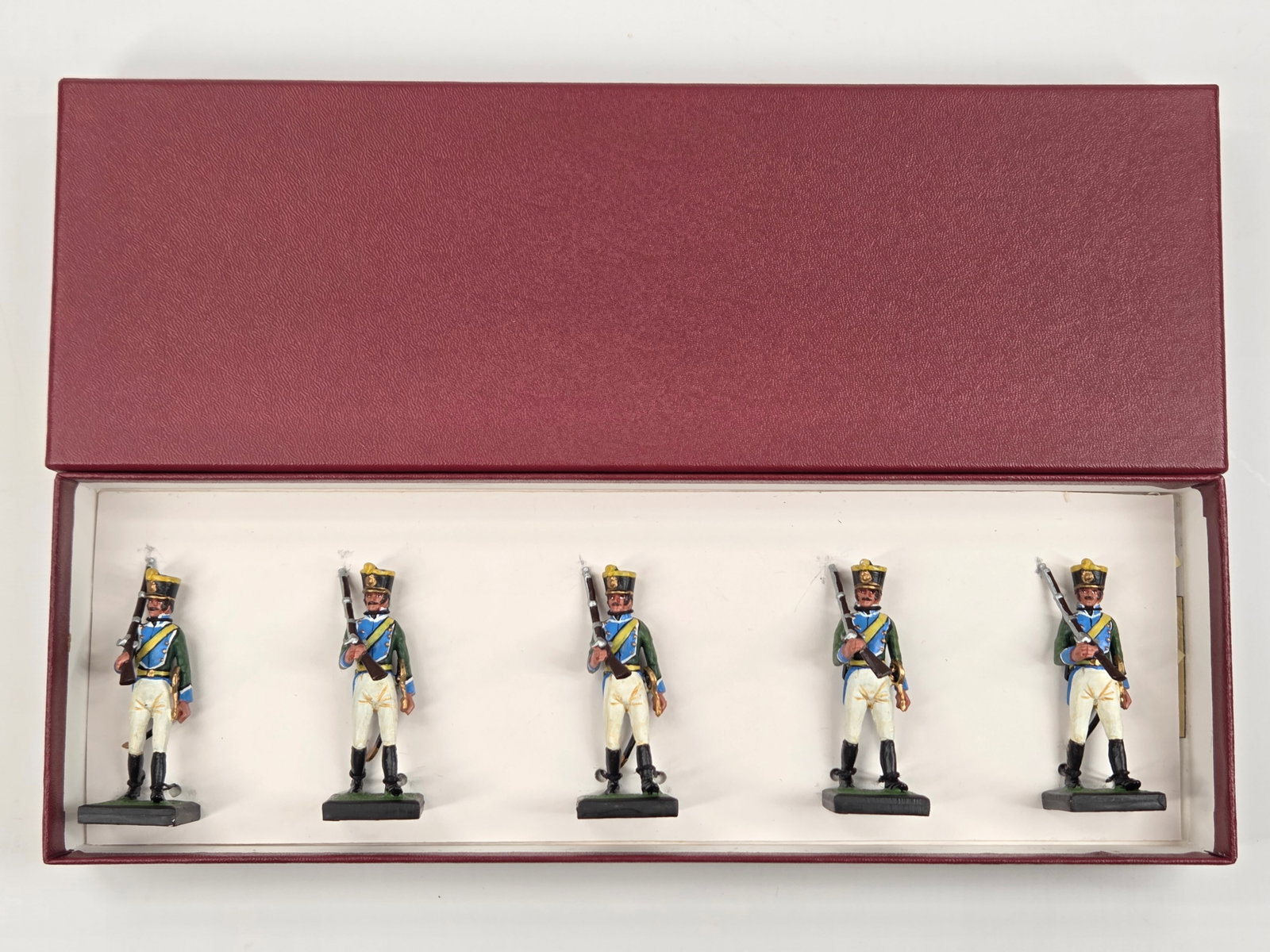 SET OF 5 ALYMER HAND PAINTED SOLDIERS: ALL REMAIN IN GOOD CONDITION, SHOWING SOME TYPICAL WEAR.