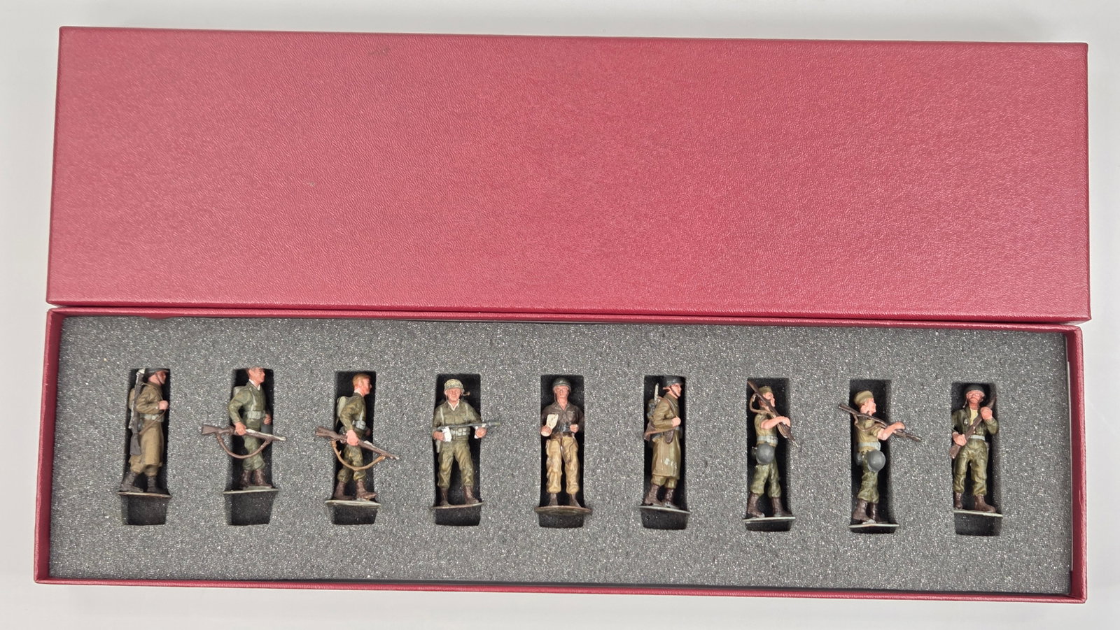 SET OF 9 ALYMER HAND PAINTED SOLDIERS: ALL REMAIN IN GOOD CONDITION, SHOWING SOME TYPICAL WEAR.