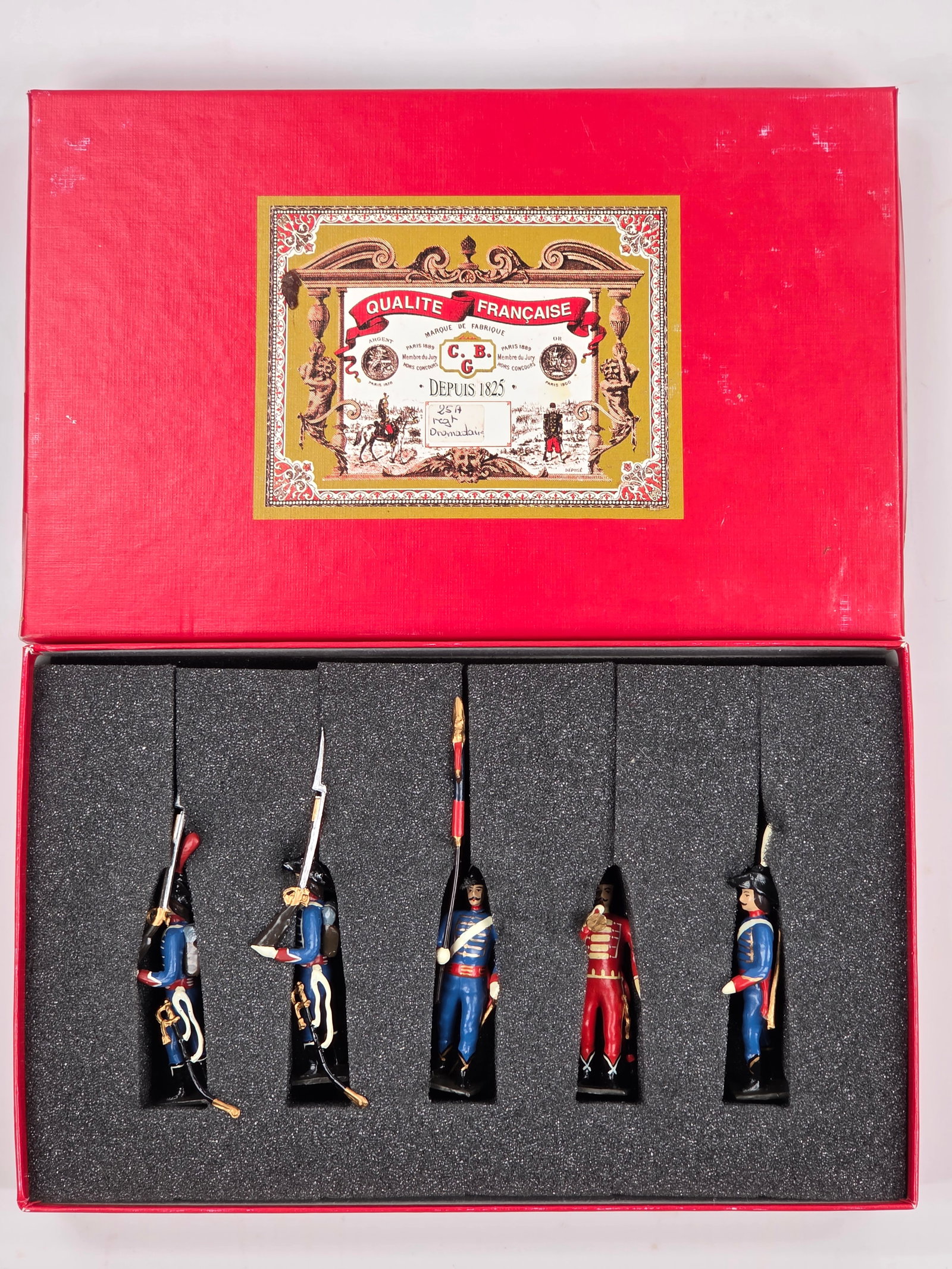 C.B.G. HAND PAINTED 5-PIECE SOLDIER SET: SET REMAINS IN VERY GOOD CONDITION WITH BOX.