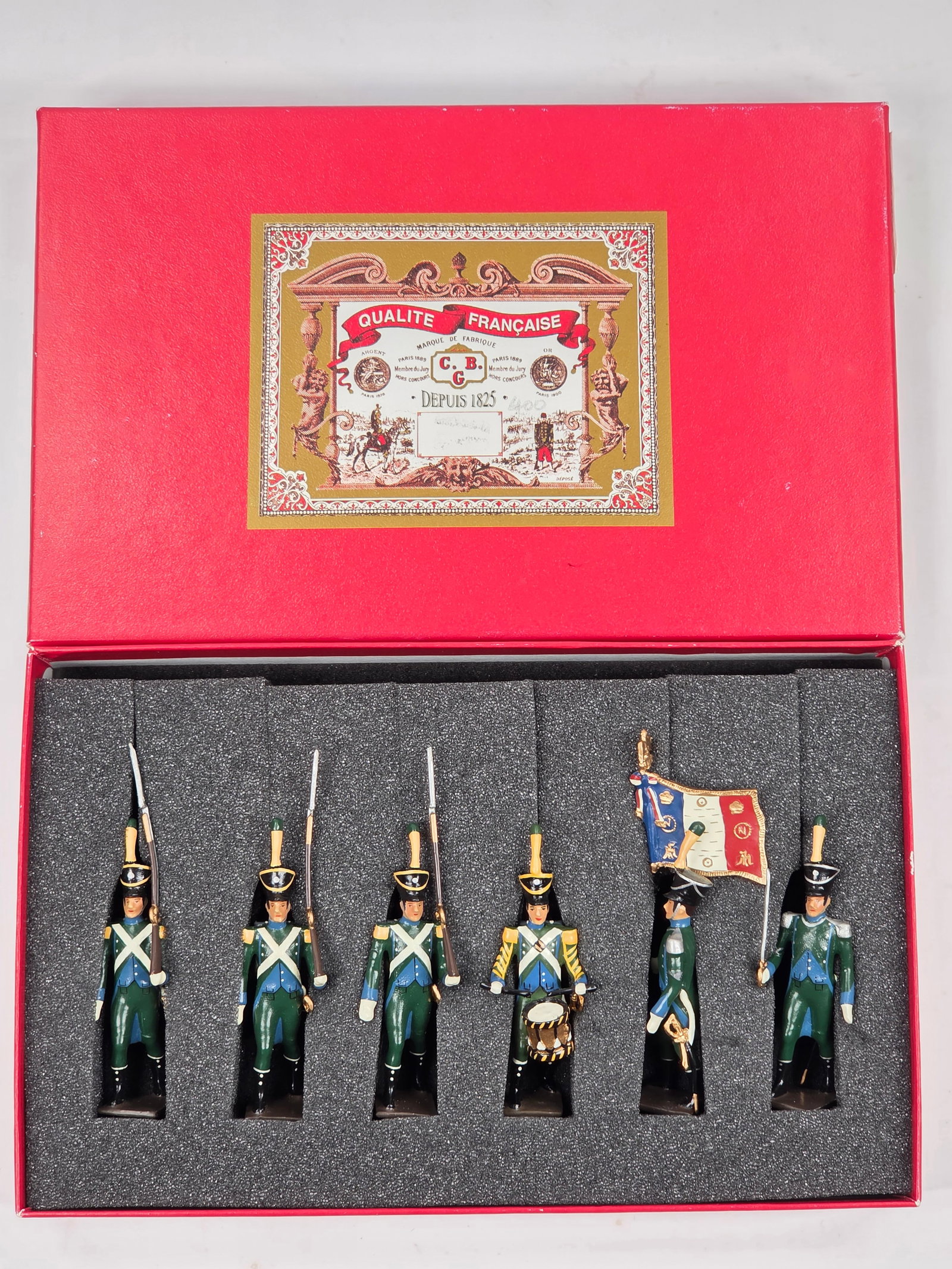 C.B.G. HAND PAINTED 6-PIECE SOLDIER SET: SET REMAINS IN VERY GOOD CONDITION WITH BOX.