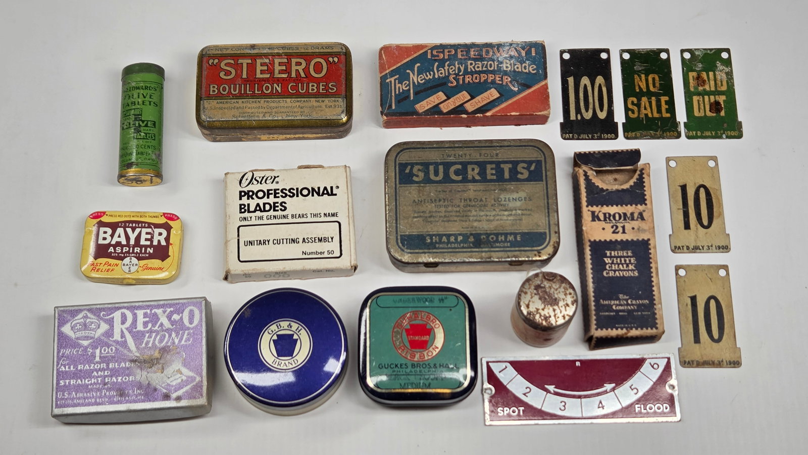 VARIOUS ADVERTISING TINS & PRODUCTS + 1900 REGISTER TAGS: ALL REMAIN IN FAIR TO GOOD CONDITION, SHOWING TYPICAL WEAR.