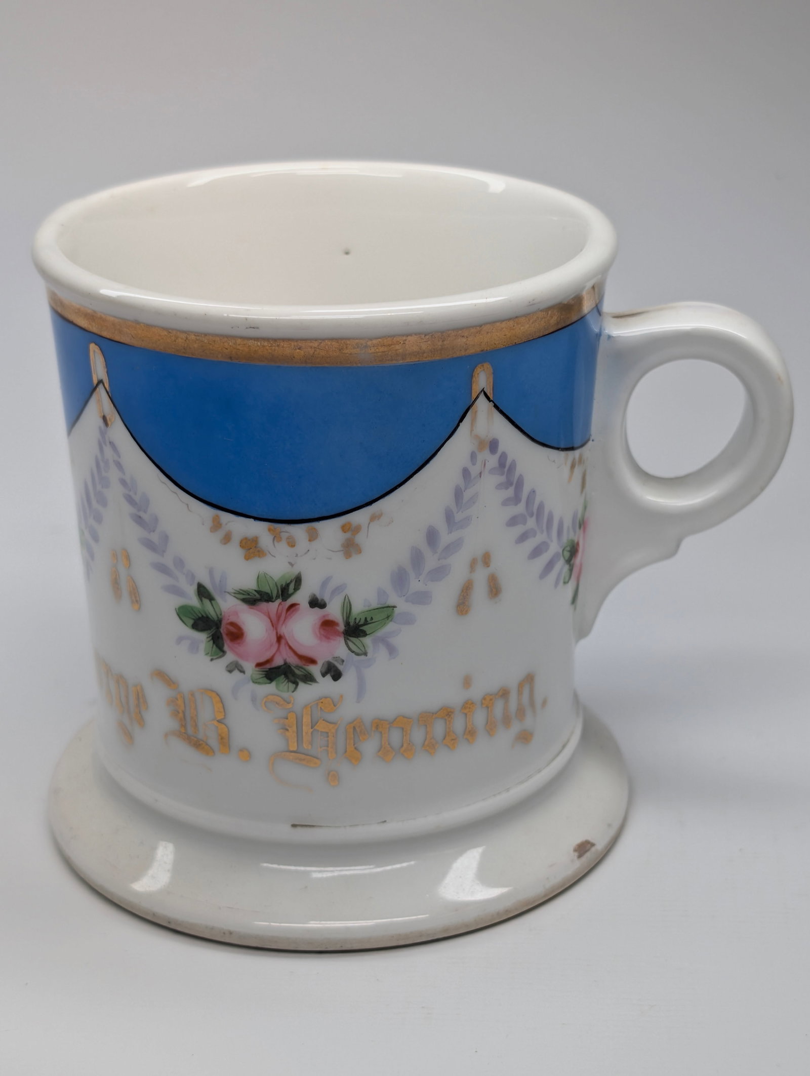BOLD BLUE & HAND PAINTED FLORAL OCCUPATIONAL SHAVING MUG: REMAINS IN GOOD CONDITION, SHOWING SOME TYPICAL WEAR, DUST.