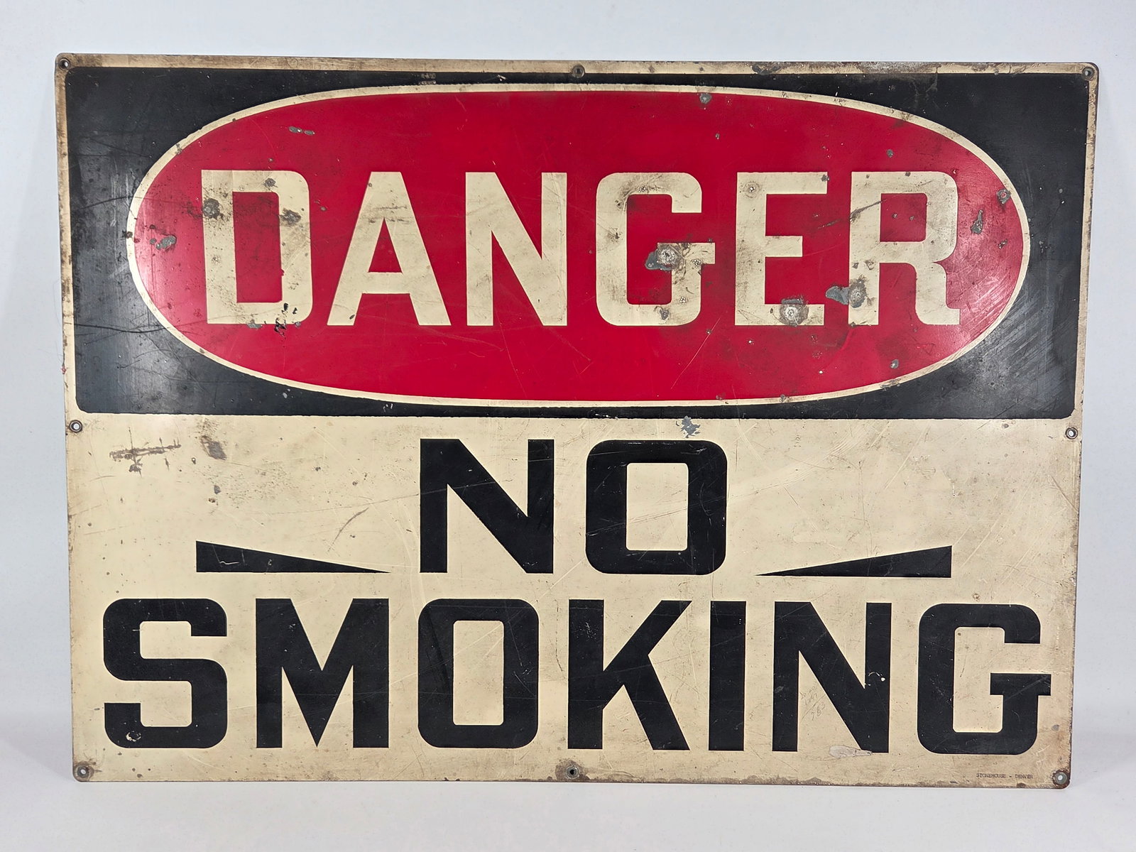 VINTAGE DANGER NO SMOKING METAL SIGN: REMAINS IN FAIR TO GOOD CONDITION, SHOWING TYPICAL WEAR.