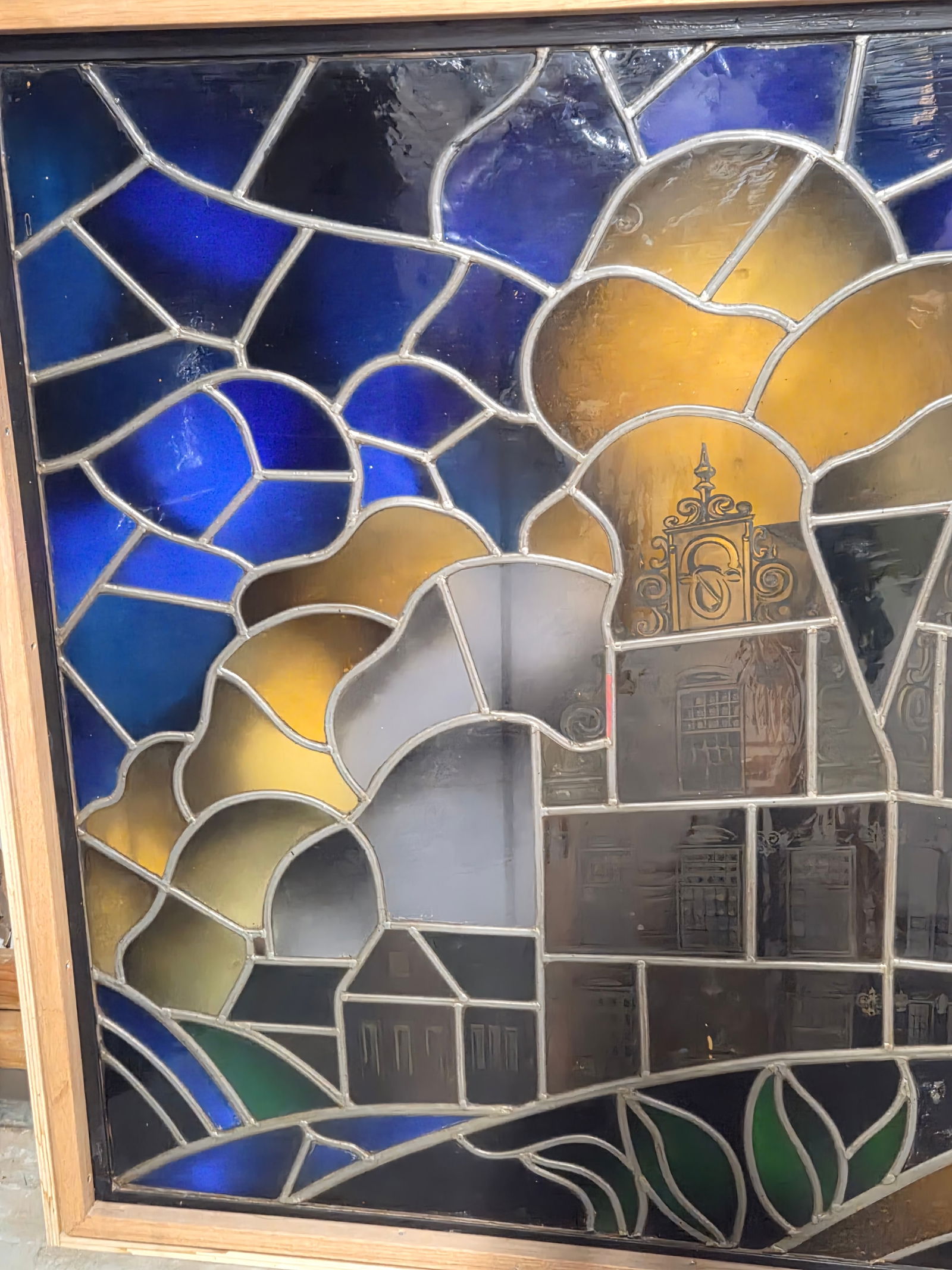 LARGE CUSTOM STAINED GLASS CASTLE CHURCH FRAMED WINDOW - 2