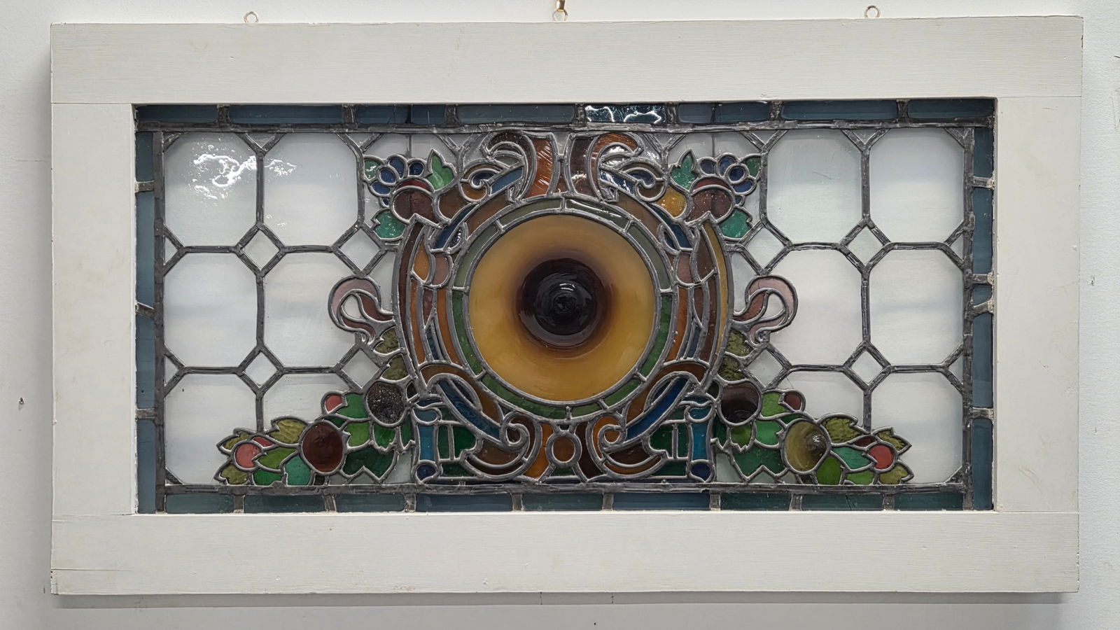 LEADED STAINED GLASS WINDOW PANEL: REMAINS IN GOOD CONDITION, SHOWING SOME TYPICAL WEAR.