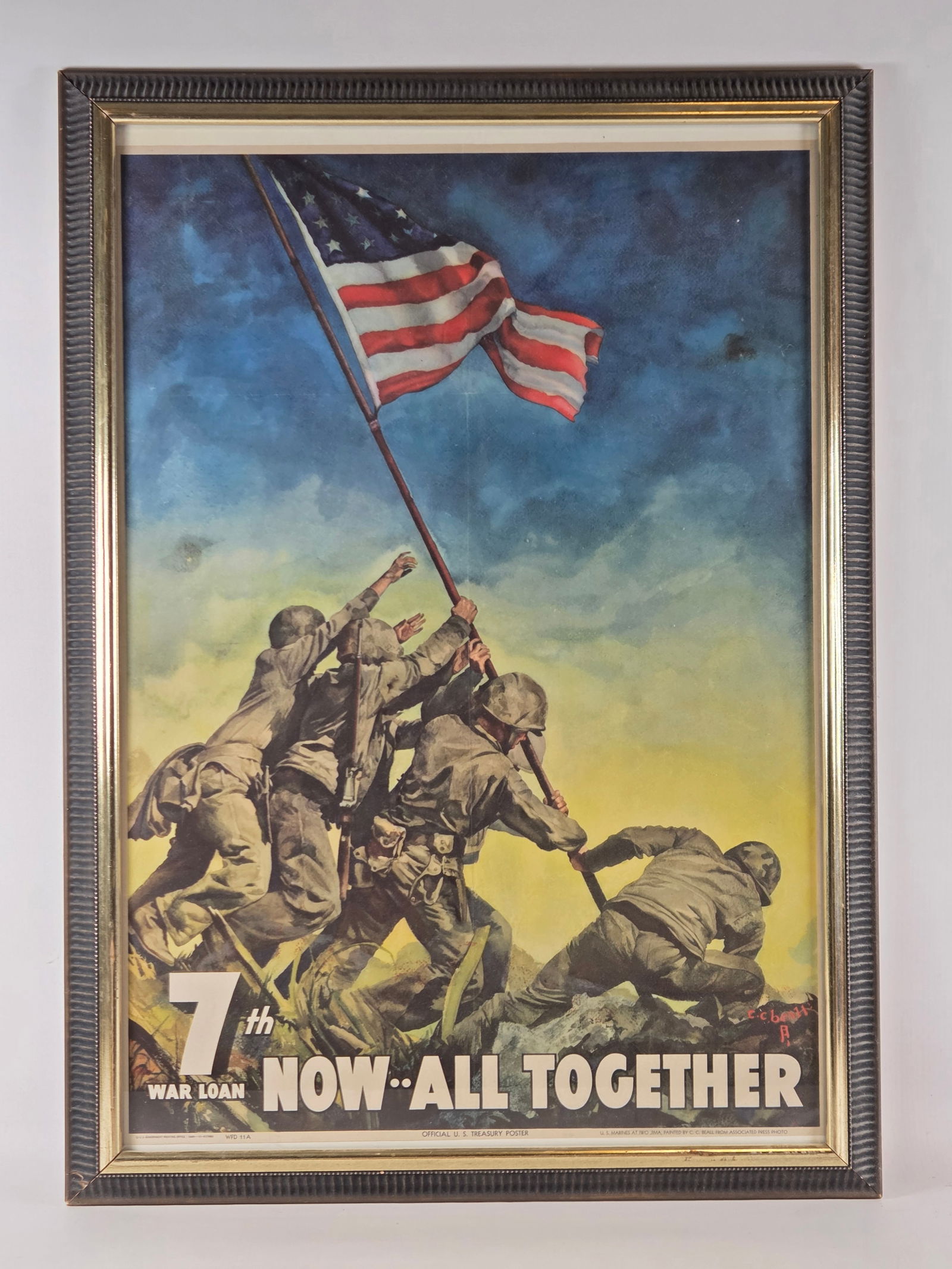 U.S. MARINES AT IWO JIMA WAR LOAN POSTER FRAMED: REMAINS IN VERY GOOD CONDITION. A FEW CREASES AS SHOWN. FRAME SHOWING SOME WEAR.