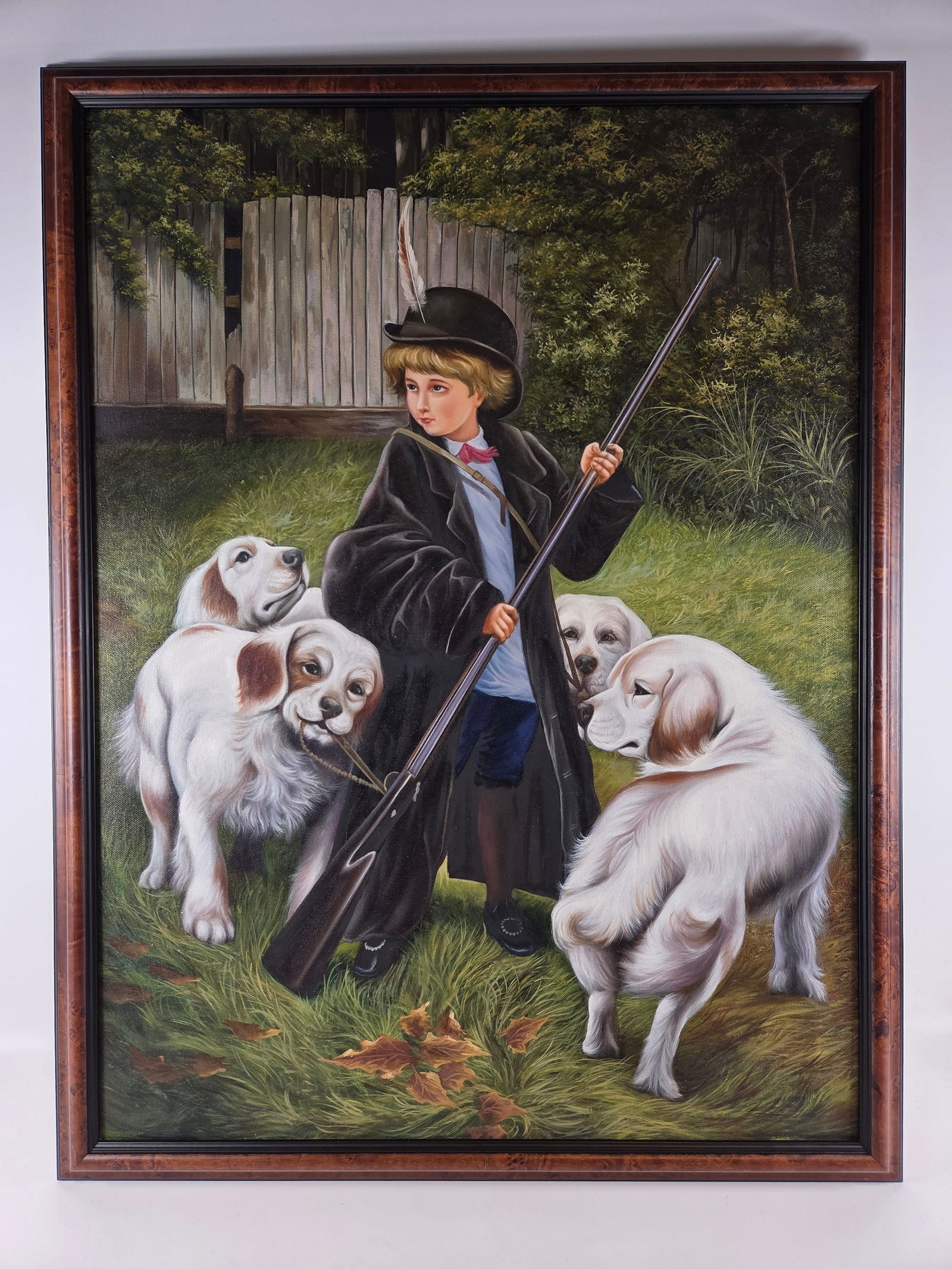 CONTEMPORARY PRINT ON CANVAS - BOY HUNTING WITH RIFLE & DOGS: REMAINS IN VERY GOOD CLEAN CONDITION.