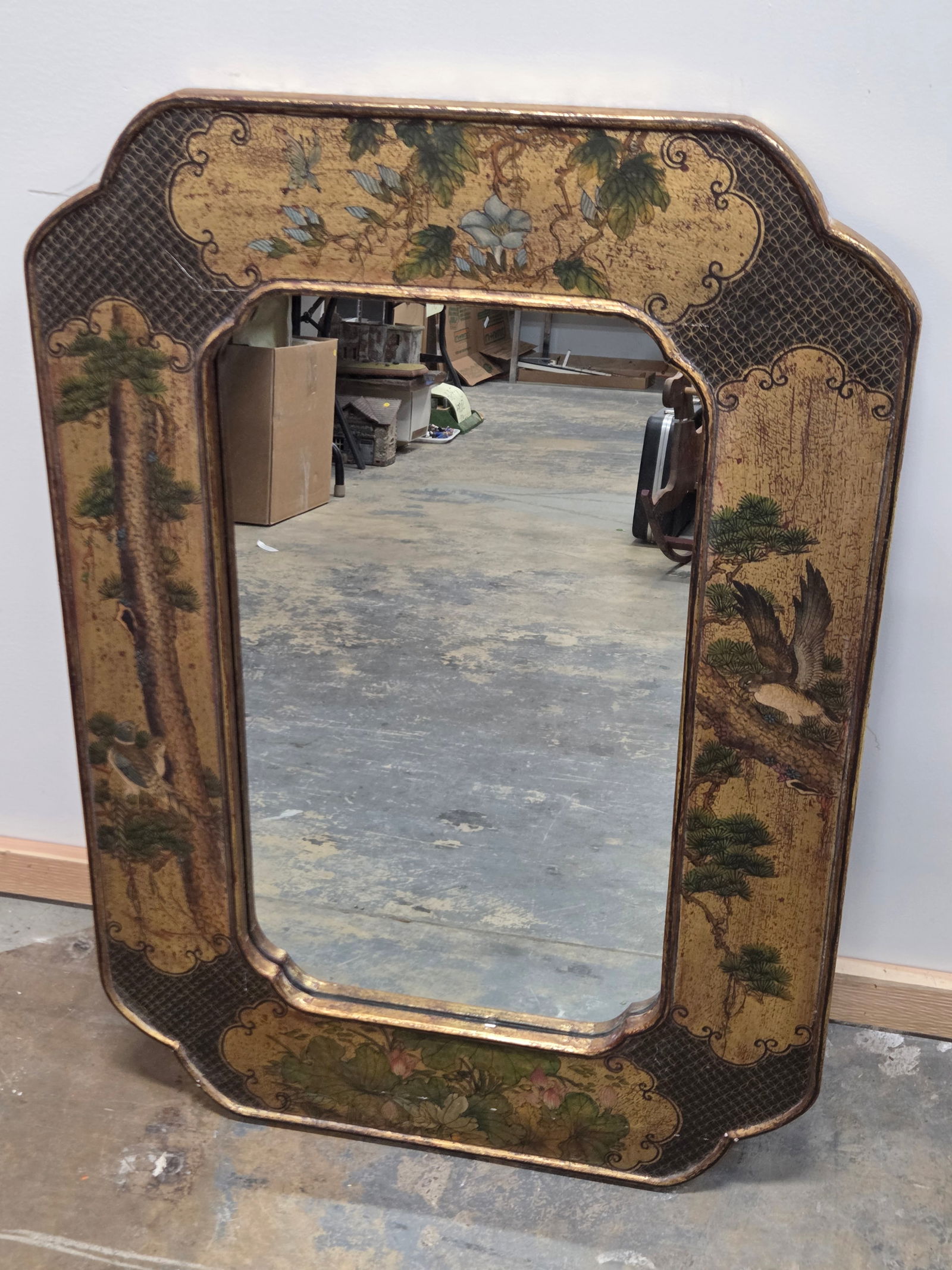 ORIENTAL LACQUERED BIRD MIRROR: REMAINS IN GOOD CONDITION, SHOWING SOME TYPICAL WEAR.