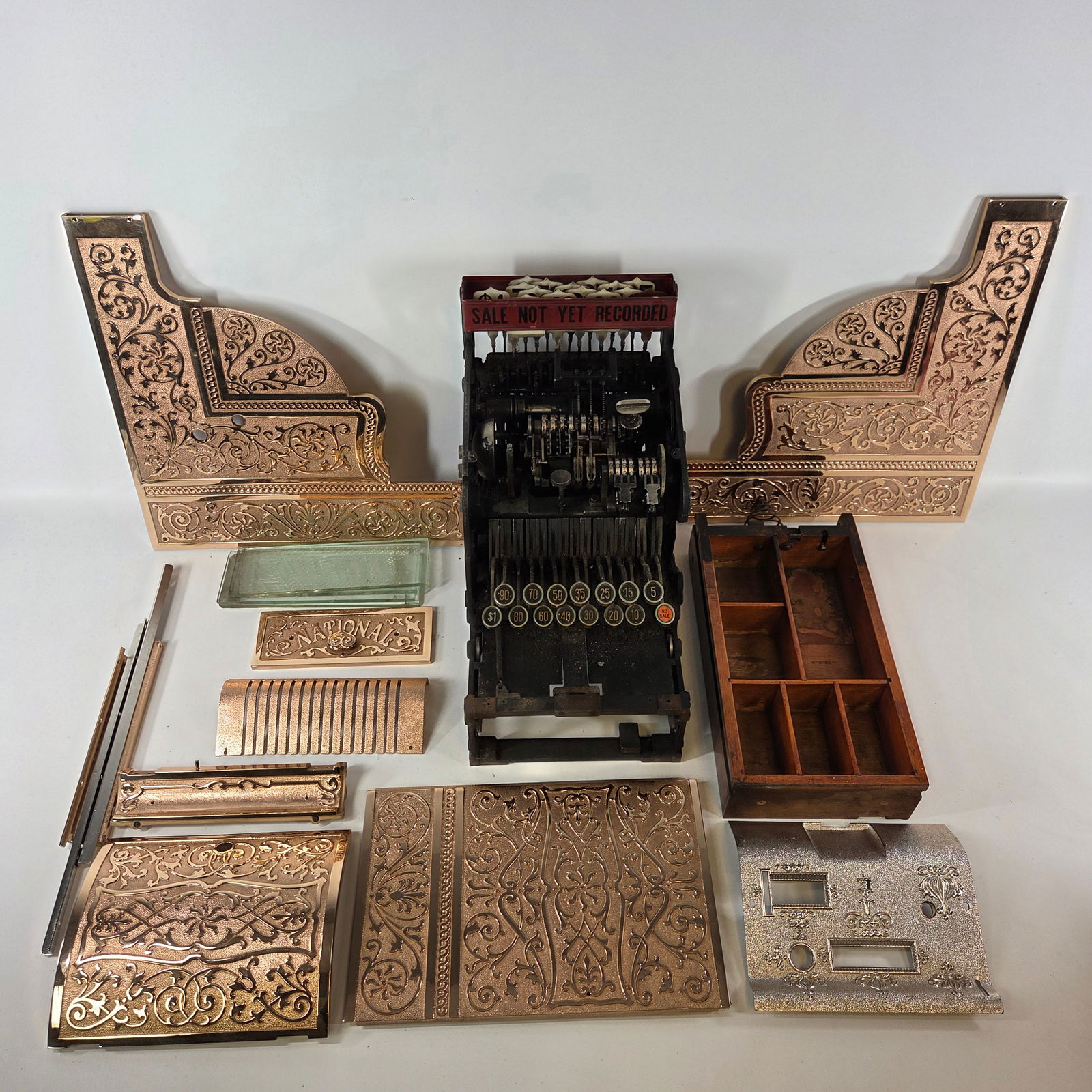 ANTIQUE NATIONAL CASH REGISTER PARTIALLY STORED: PARTIALLY RESTORED IN VERY GOOD CONDITION. APPEARS TO NEED ASSEMBLED.