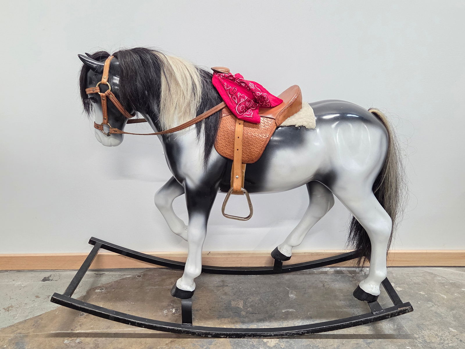 LARGE WOOD HORSE WITH SADDLE ROCKING HORSE: REMAINS IN GOOD CONDITION, SHOWING SOME TYPICAL USAGE WEAR. **PLEASE NOTE** THIS ITEM IS NOT AVAILABLE FOR SHIPPING. LOCAL PICKUP ONLY PLEASE.