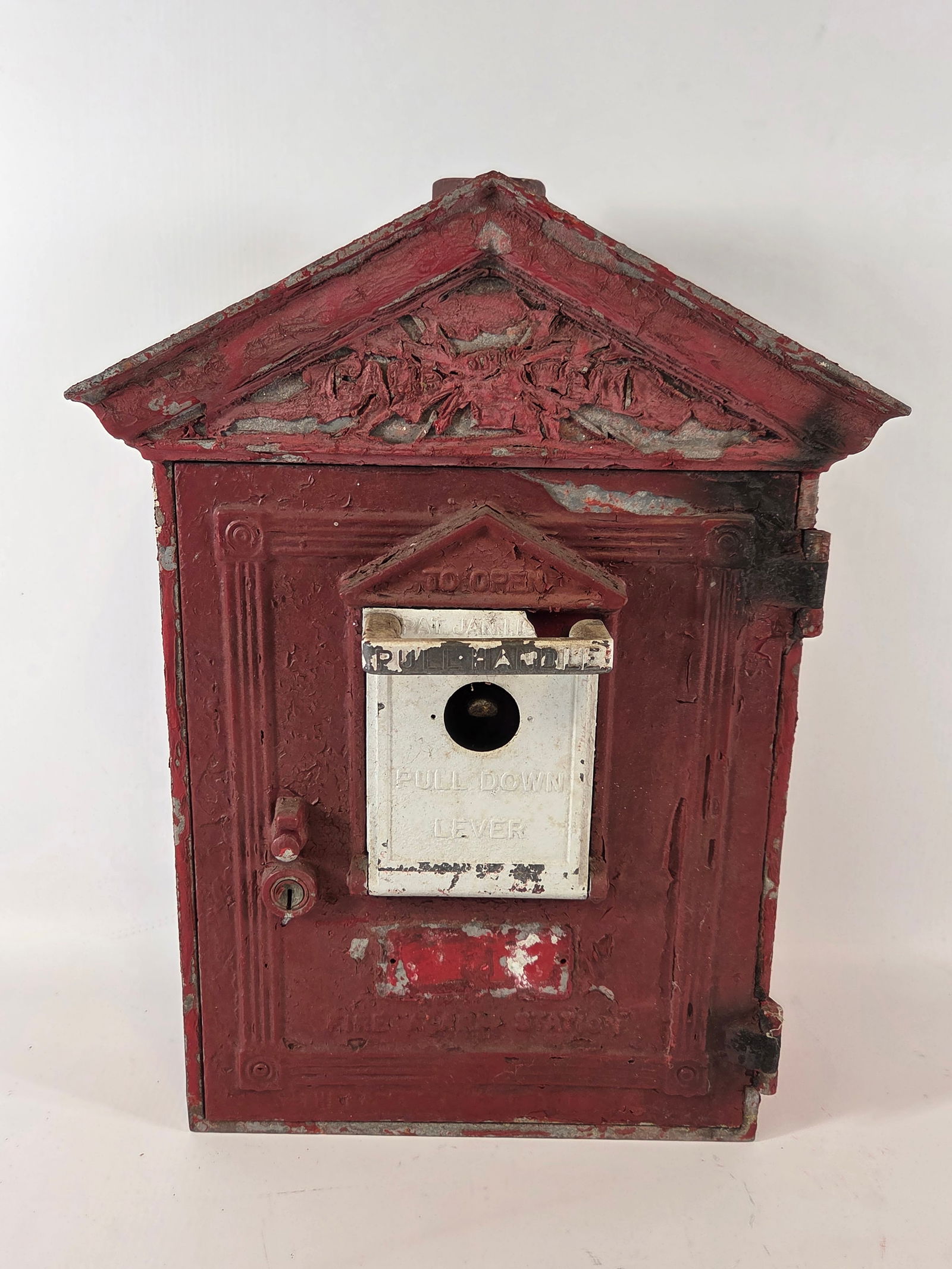 ANTIQUE GAMEWELL FIRE ALARM CALL BOX - PARTS: PARTS CONDITION, MISSING PIECES. OLD PAINT WEAR SHOWING REPAINT. HANDLE WITH BREAK.