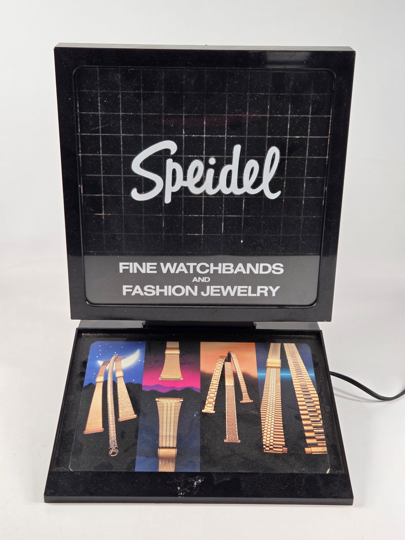 VINTAGE SPEIDEL WATCH BAND STORE DISPLAY LIGHT: REMAINS IN GOOD CONDITION, SHOWING SOME TYPICAL WEAR.
