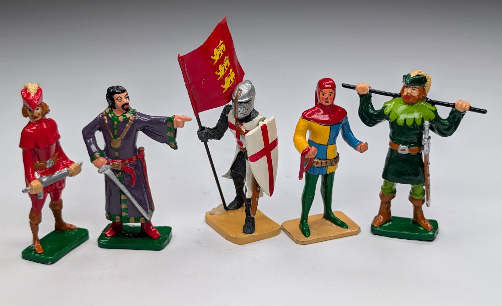 5) CHIVALRY ENGLAND HAND PAINTED FIGURES: ALL REMAIN IN GOOD CONDITION, SHOWING SOME TYPICAL WEAR.