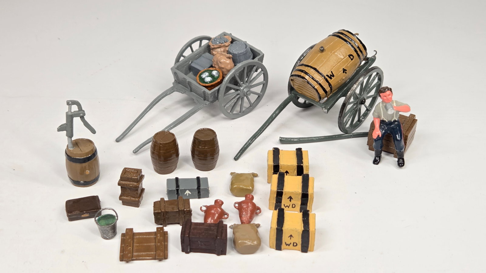 HAND PAINTED LEAD TOY SOLDIERS ACCESSORIES WAGONS +: ALL REMAIN IN VERY GOOD CONDITION, SHOWING SOME LIGHT WEAR.