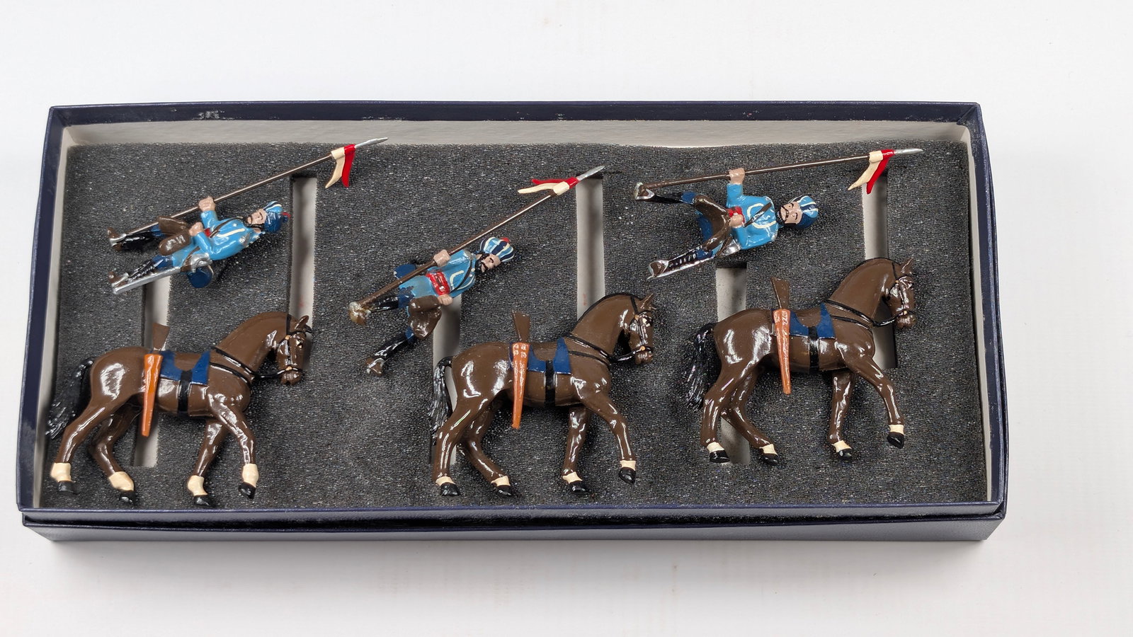 SET OF 3 HAND PAINTED MOUNTED LANCERS: ALL REMAIN IN GOOD CONDITION, SHOWING SOME TYPICAL WEAR.