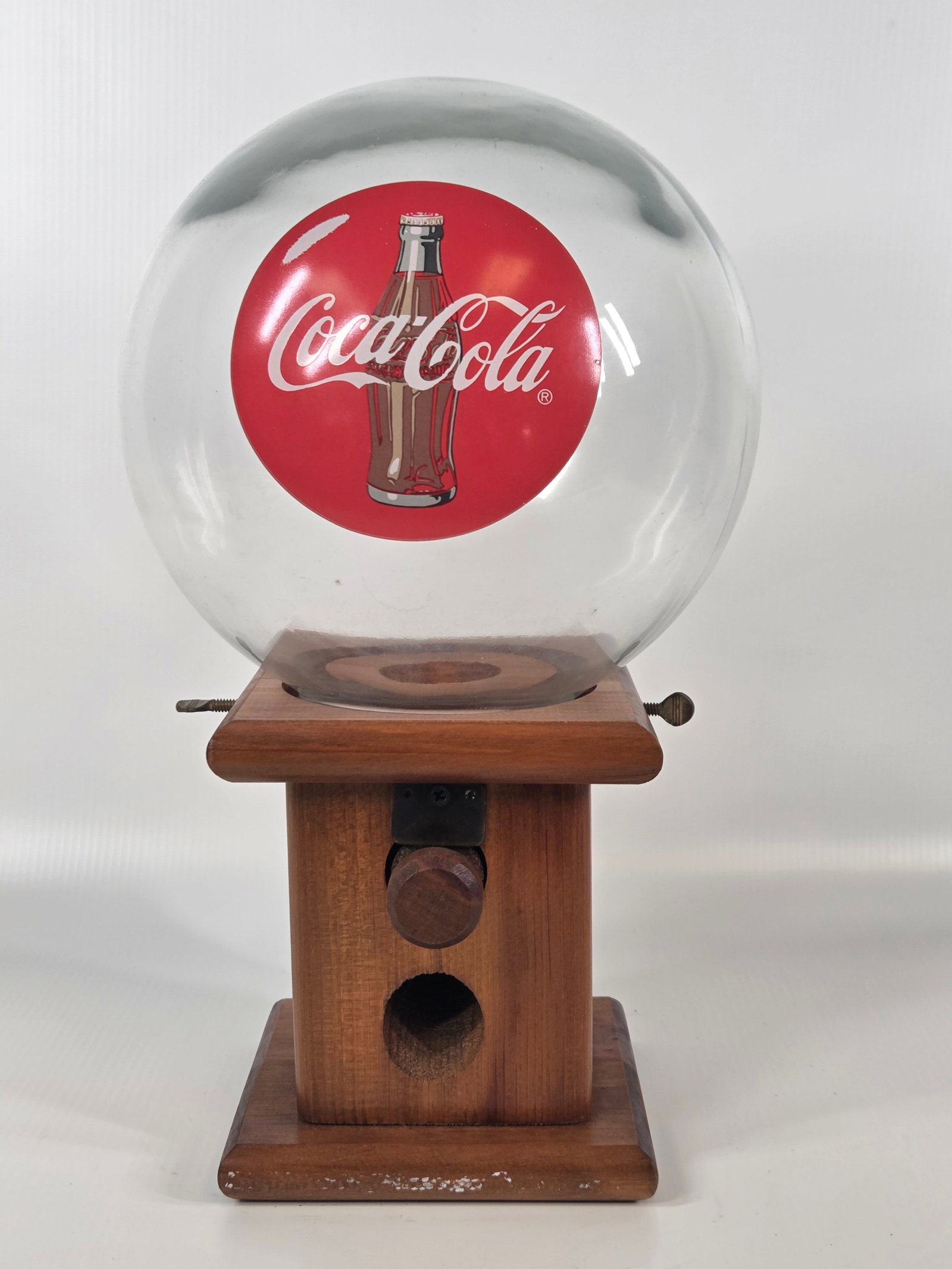 CUSTOM COCA COLA WOOD & GLASS GUMBALL MACHINE: REMAINS IN GOOD CONDITION.