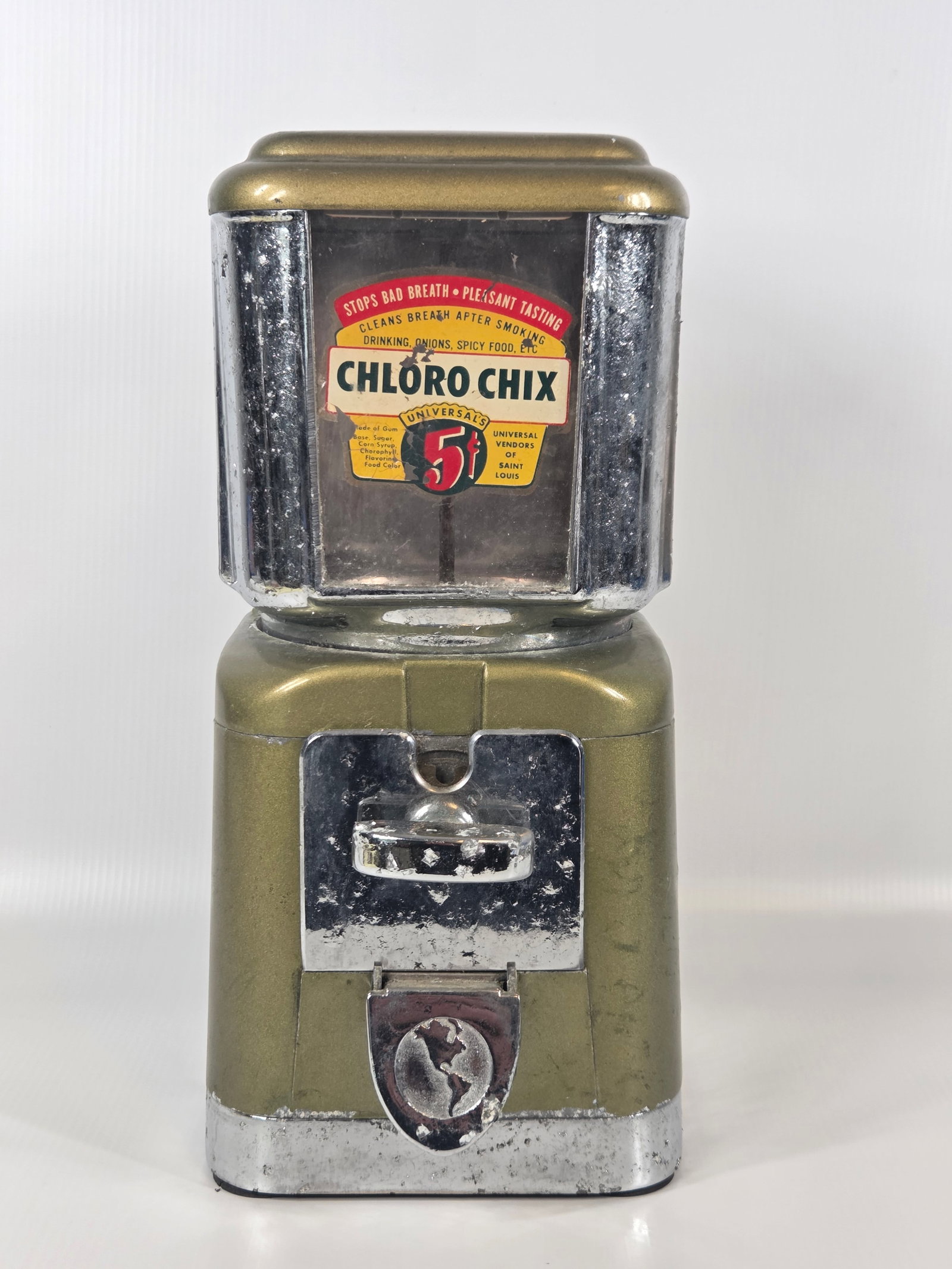 CHLORO CHIX 5 CENT CHEWING GUM MACHINE: REMAINS IN FAIR TO GOOD CONDITION, SHOWING TYPICAL WEAR THROUGHOUT.