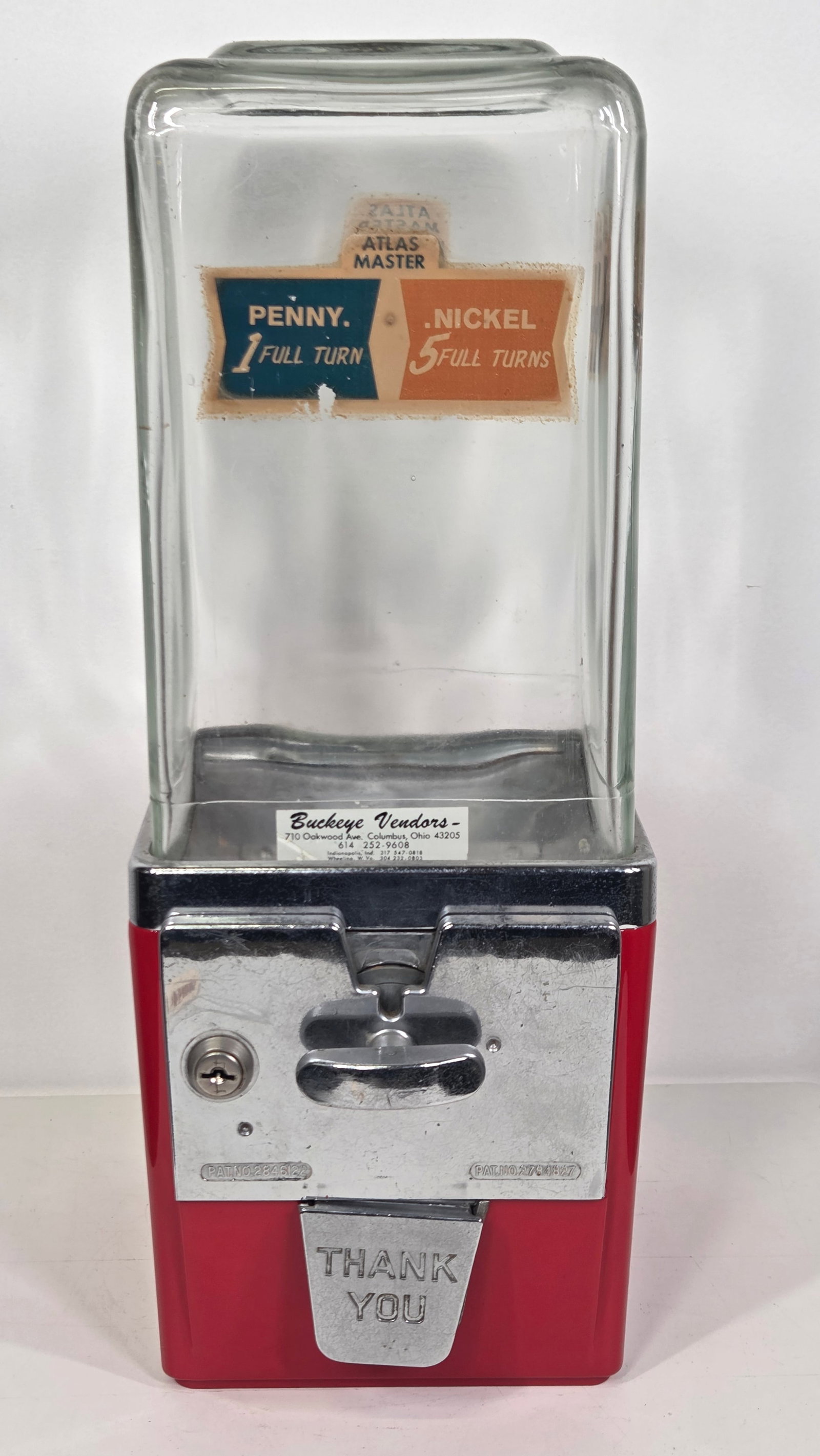 BUCKEYE VENDORS 1 & 5 CENT VENDING MACHINE: REMAINS IN GOOD CONDITION, SHOWING SOME TYPICAL USAGE WEAR.