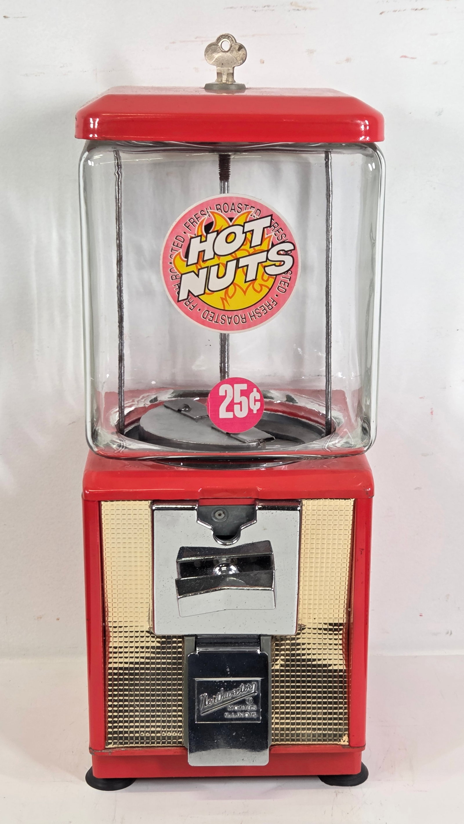 NORTHWESTERN 25 CENT HOT NUTS VENDING MACHINE: REMAINS IN VERY GOOD CLEAN CONDITION, SHOWING ONLY LIGHT MINIMAL WEAR.