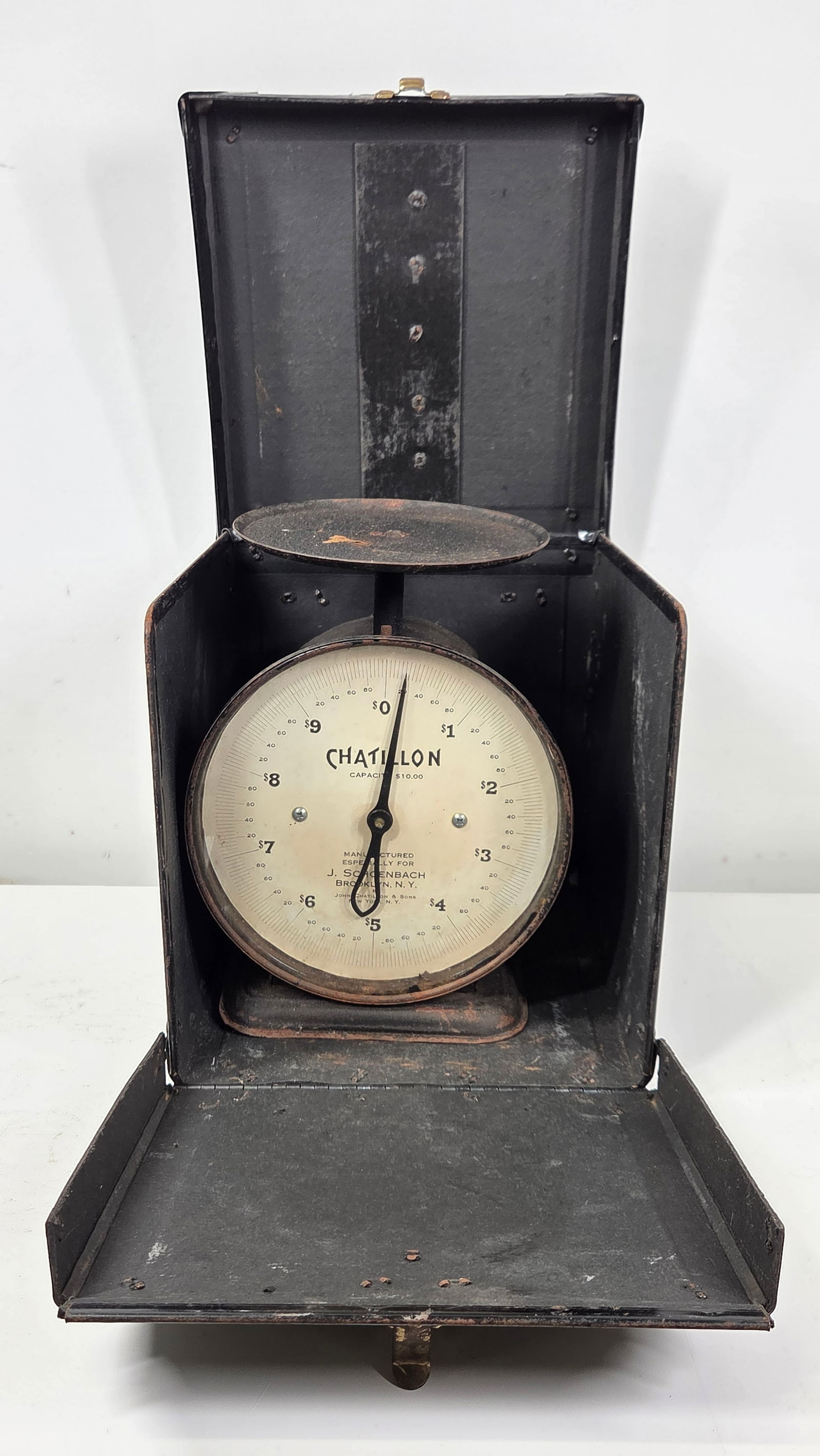 ANTIQUE CHATILLON $10 SCALE W/ CASE: REMAINS IN FAIR TO GOOD CONDITION, SHOWING USAGE WEAR THROUGHOUT.