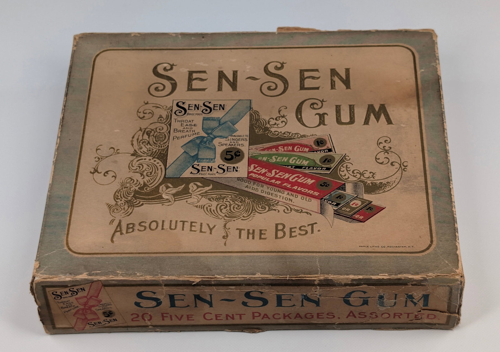 ANTIQUE SEN-SEN CHEWING GUM CARDBOARD DISPLAY BOX: REMAINS IN FAIR CONDITION, SHOWING WEAR THROUGHOUT.