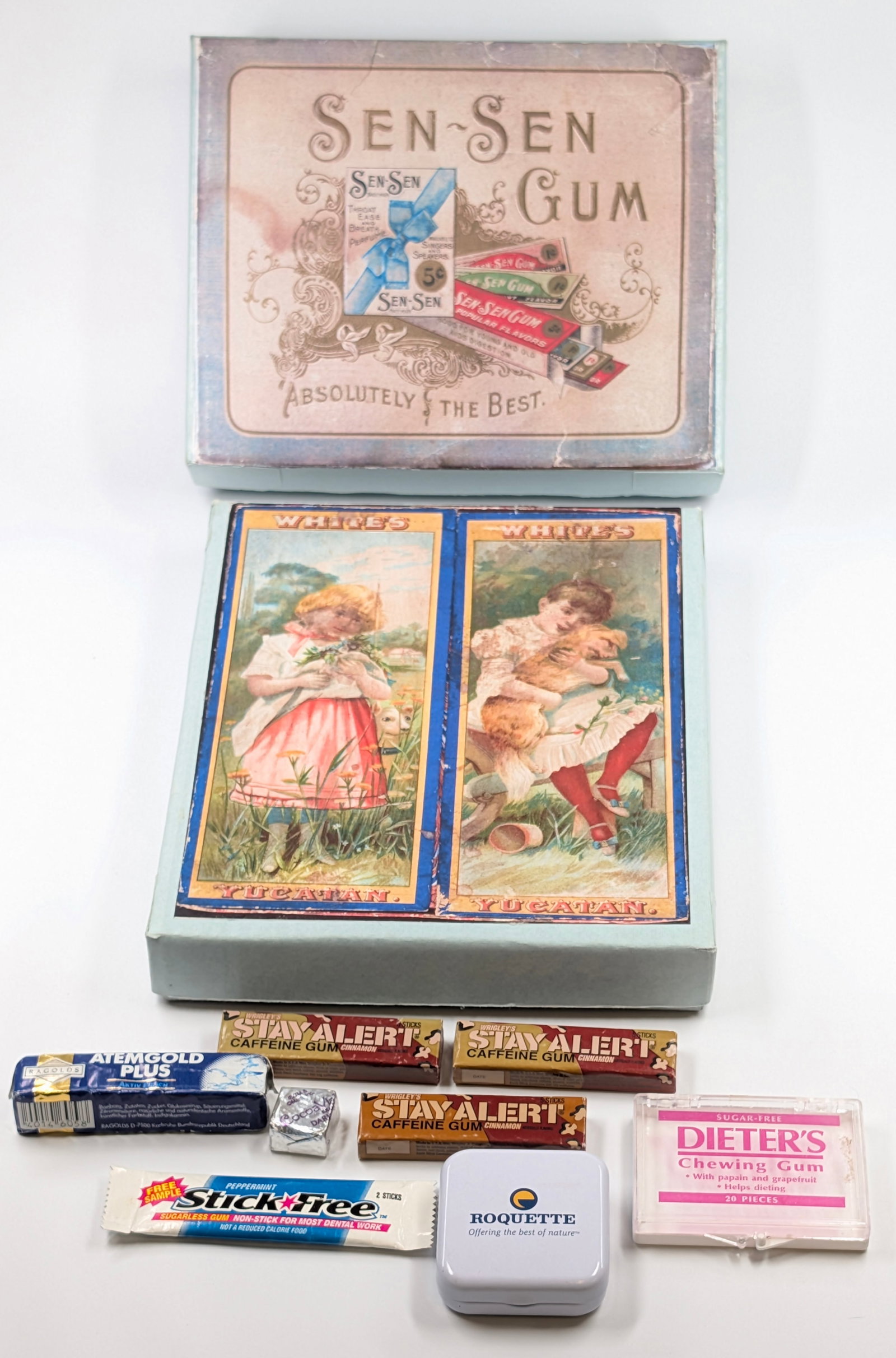 VARIOUS CHEWING GUM PACKS AND BOXES: BOTH BOXES WITH ORIGINAL PAPER LABELS ON REPRODUCTION BOXES.