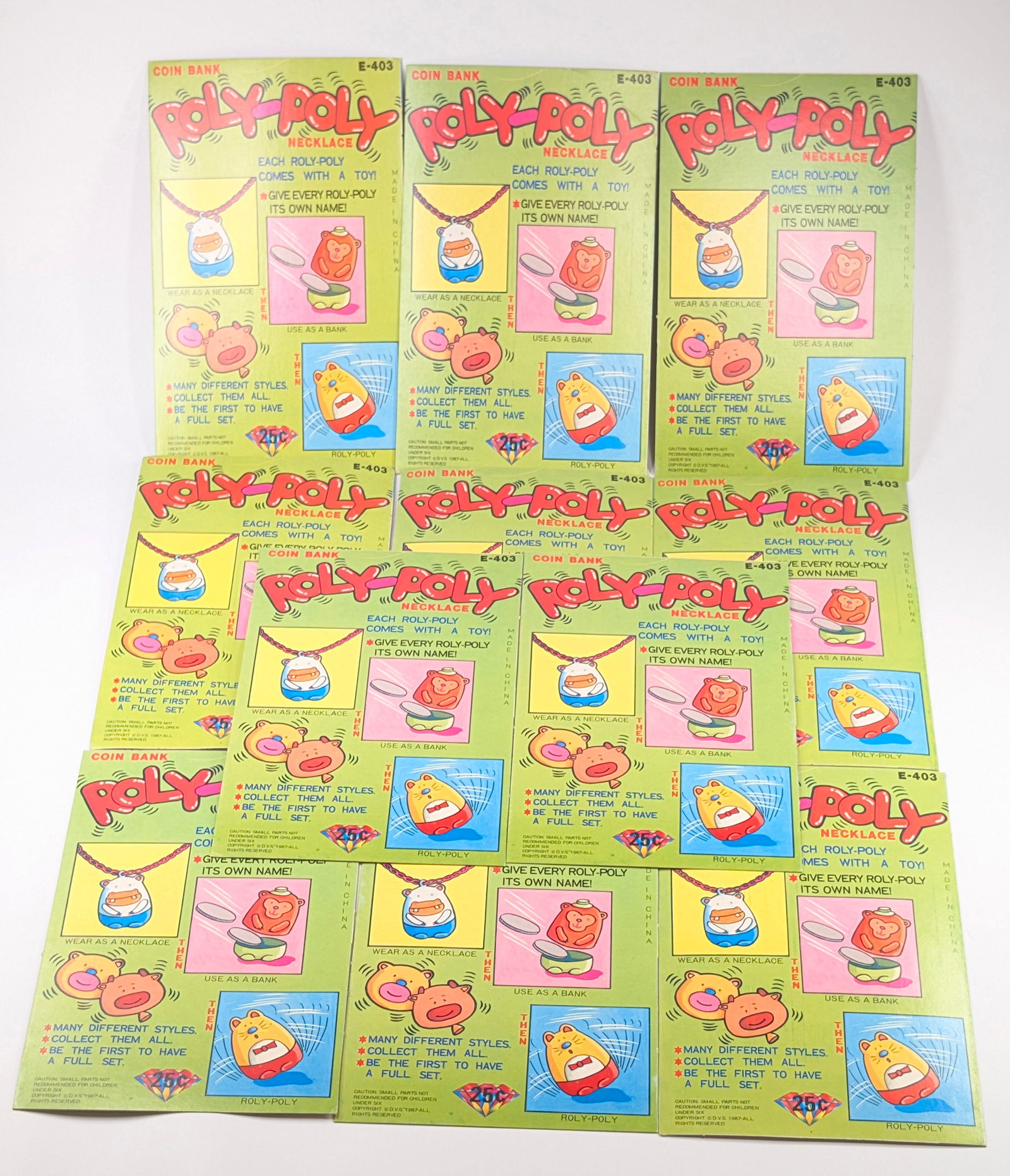 11) ROLY POLY NECKLACE CARDBOARD DISPLAY INSERTS: ALL REMAIN IN GOOD CONDITION.