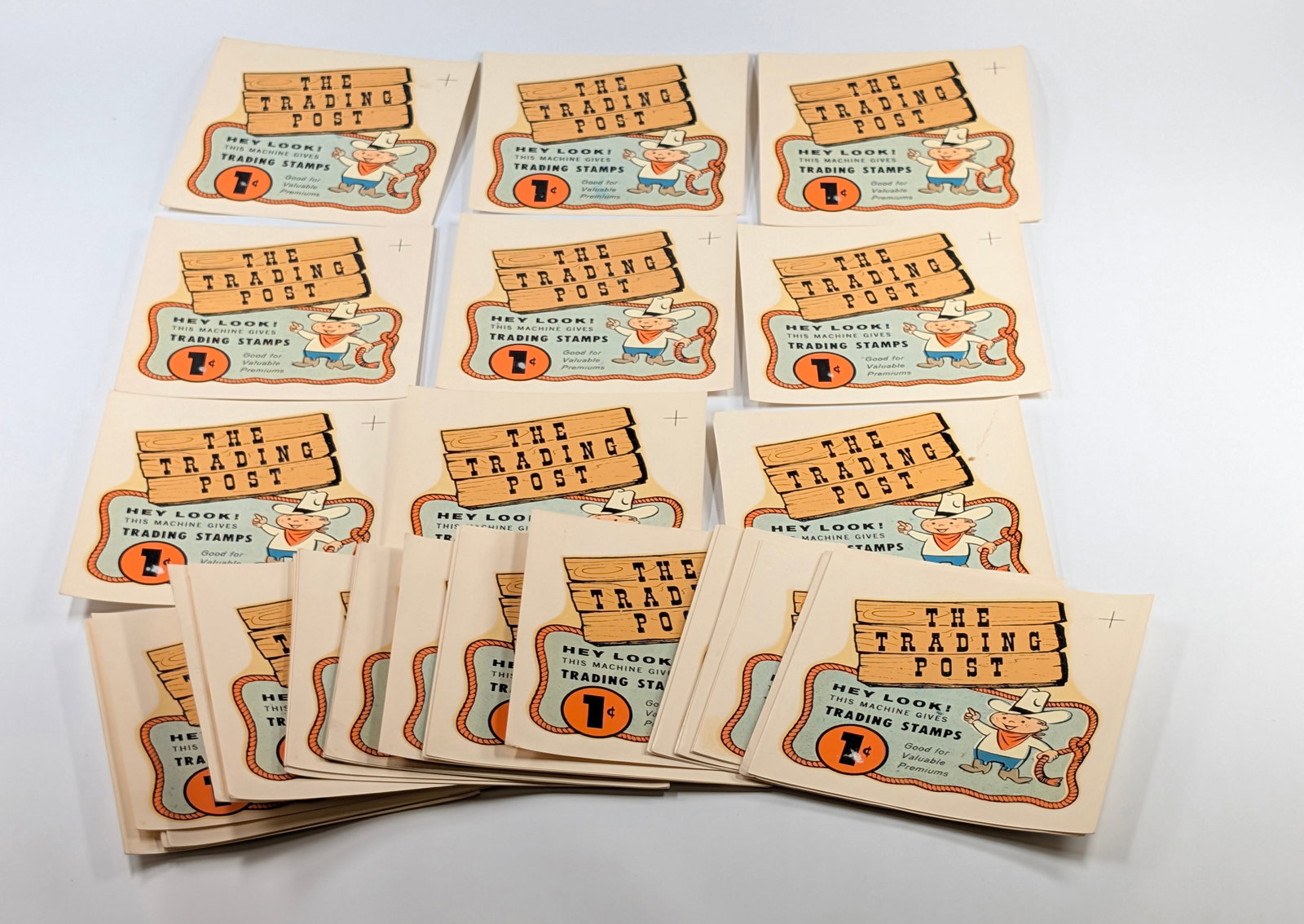 MANY TRADING POST STAMPS 1 CENT MACHINE DECALS: ALL REMAIN IN GOOD UNUSED CONDITION.