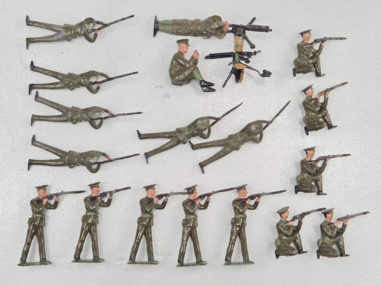 SET OF 18 UNMARKED HAND PAINTED WWI SOLDIERS: ALL REMAIN IN FAIR TO GOOD CONDITION, SHOWING SOME TYPICAL WEAR.