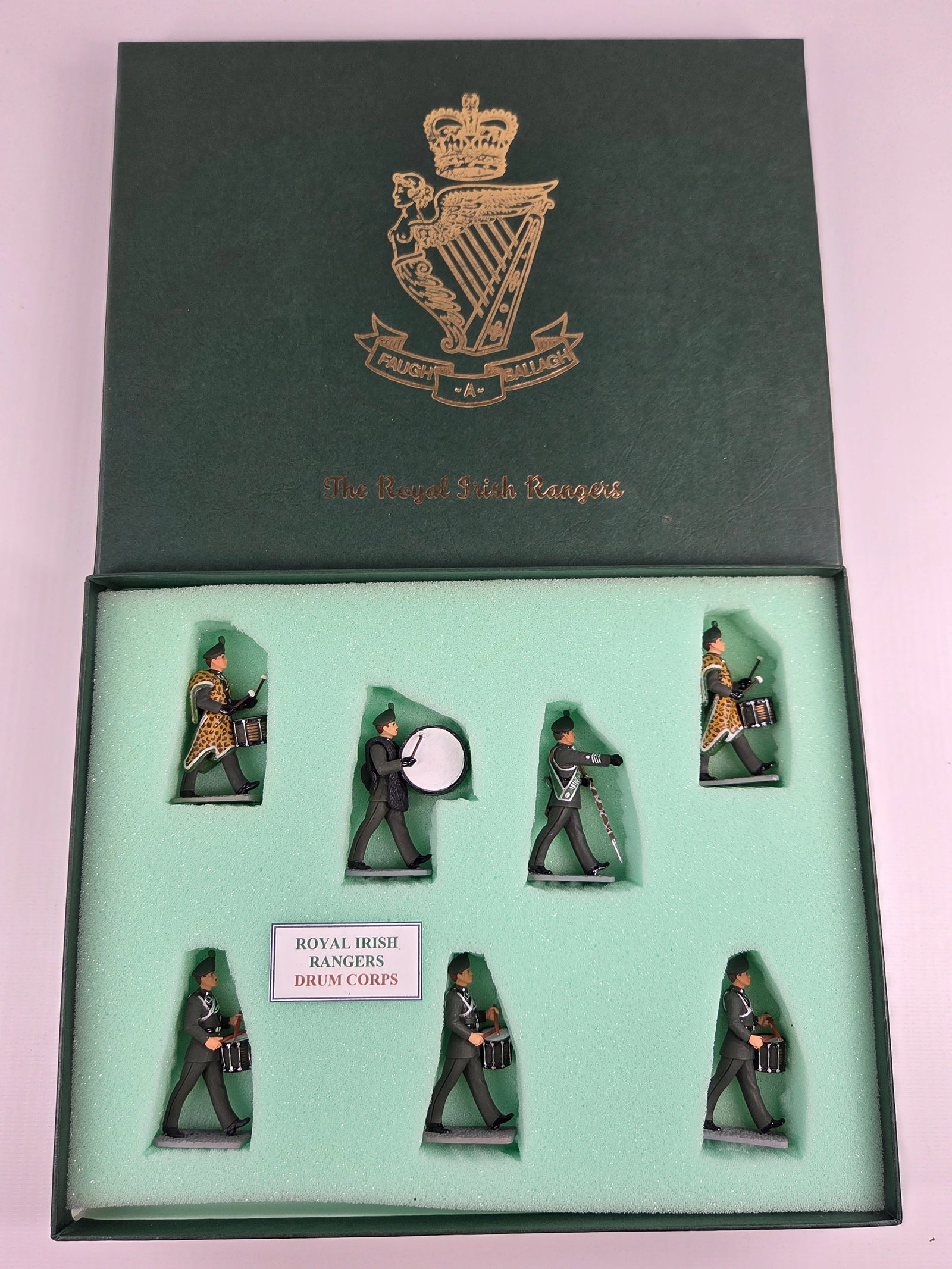 FAUGH-A-BALLAGH ROYAL IRISH RANGERS DRUM CORPS: SET REMAINS IN EXCELLENT CONDITION WITH BOX.