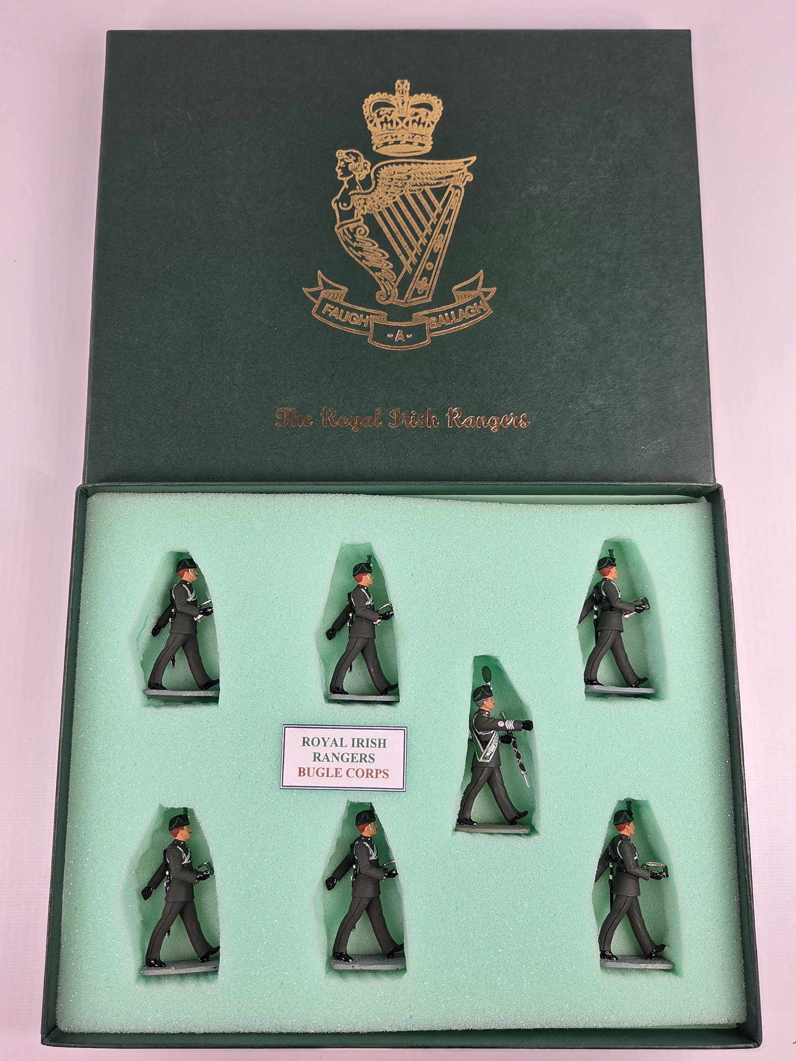 FAUGH-A-BALLAGH ROYAL IRISH RANGERS BUGLE CORPS: SET REMAINS IN EXCELLENT CONDITION WITH BOX.