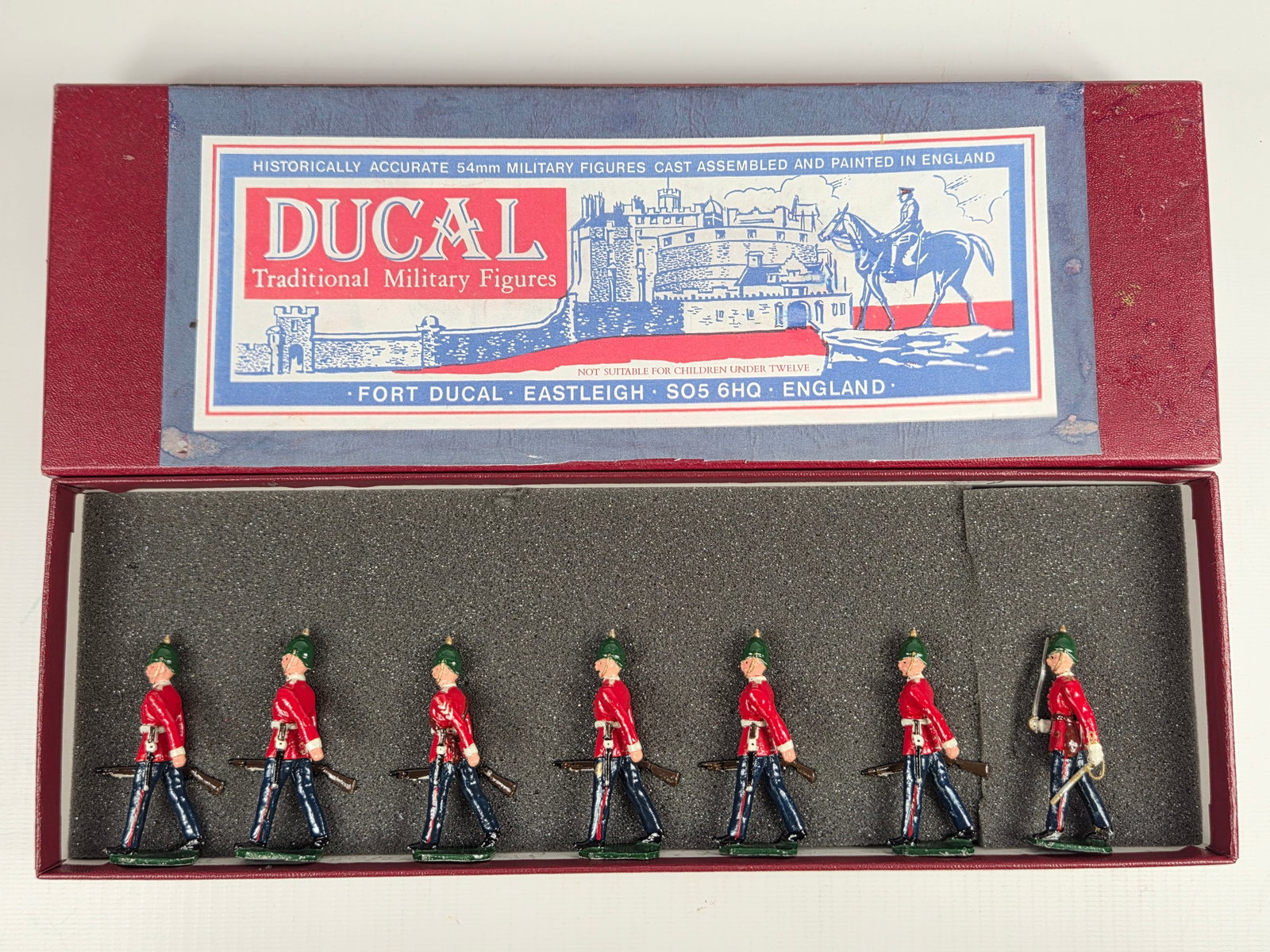 DUCAL 7-PIECE SOLDIER SET W/ OFFICER: SET REMAINS IN VERY GOOD CONDITION WITH CUSTOM BOX.