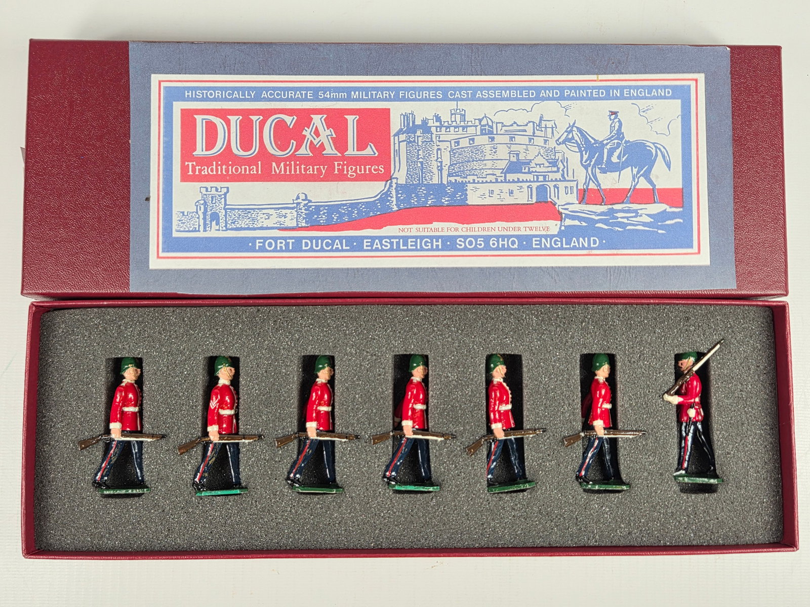 DUCAL 7-PIECE SOLDIER SET W/ OFFICER: SET REMAINS IN VERY GOOD CONDITION WITH CUSTOM BOX.