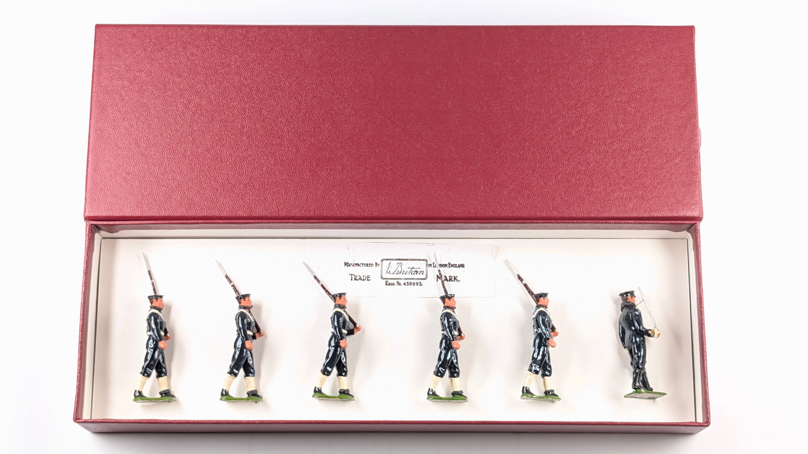 VINTAGE BRITAINS 6-PIECE NAVY SAILOR SET W/ OFFICER: SET REMAINS IN GOOD CONDITION, SHOWING SOME TYPICAL WEAR. CUSTOM BOX.