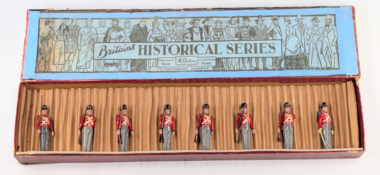 VINTAGE BRITAINS WATERLOO PERIOD INFANTRY W/ MUSKETS: SET REMAINS IN GOOD CONDITION, SHOWING SOME TYPICAL WEAR. BOX SHOWING WEAR THROUGHOUT.