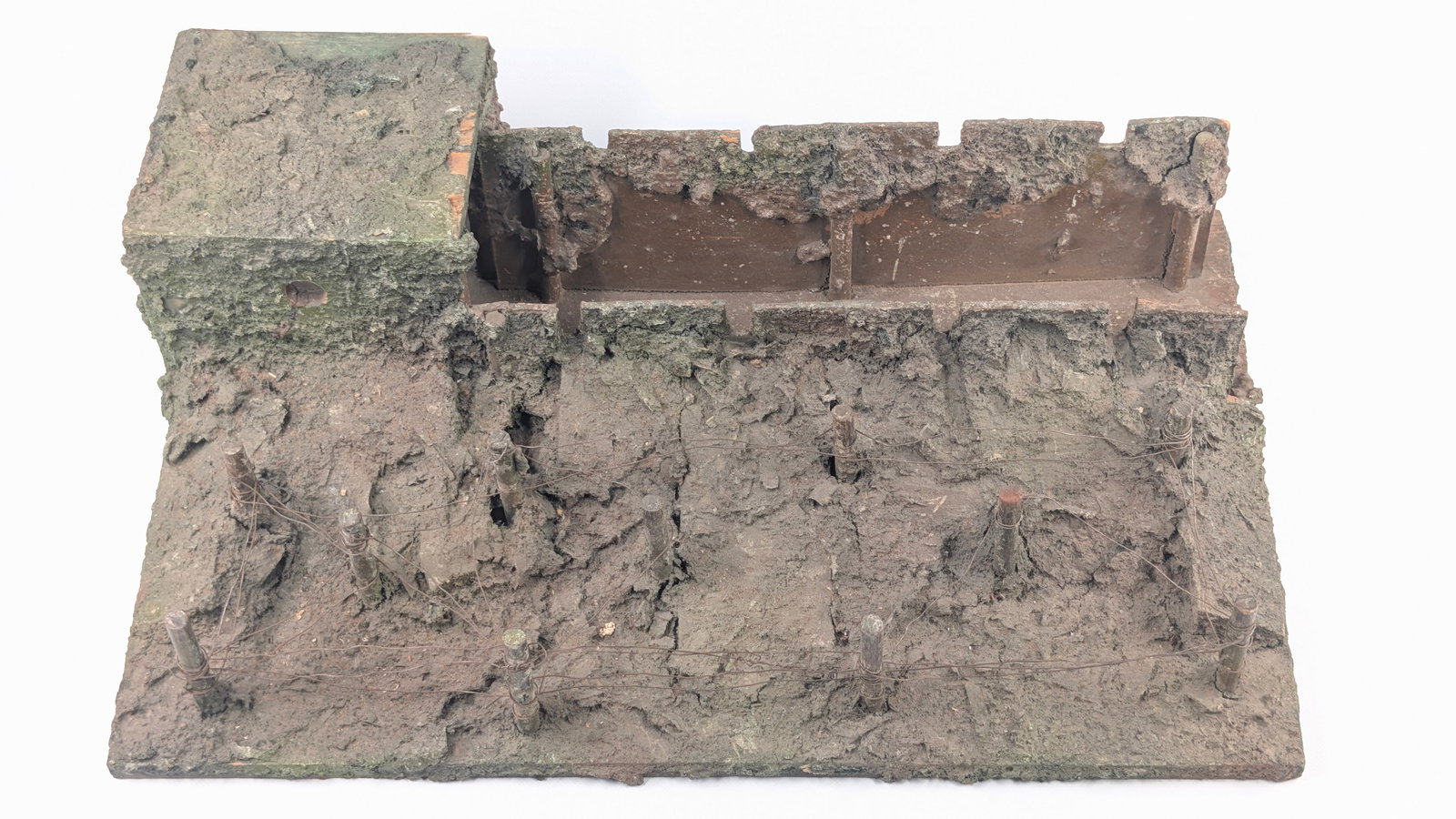 ANTIQUE GERMAN PAPER MACHE & WOOD TRENCH DIORAMA: REMAINS IN FAIR TO GOOD CONDITION, SHOWING TYPICAL USAGE WEAR.