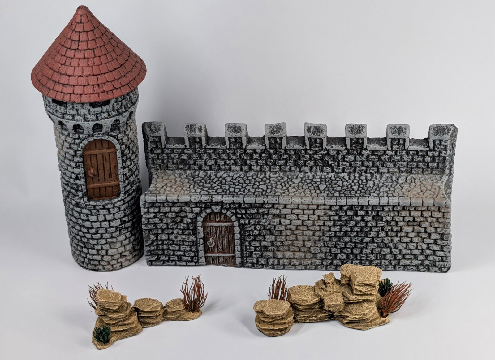 STYROFOAM HAND PAINTED CASTLE DIORAMA PIECES: ALL REMAIN IN GOOD CONDITION, SHOWING SOME TYPICAL WEAR.