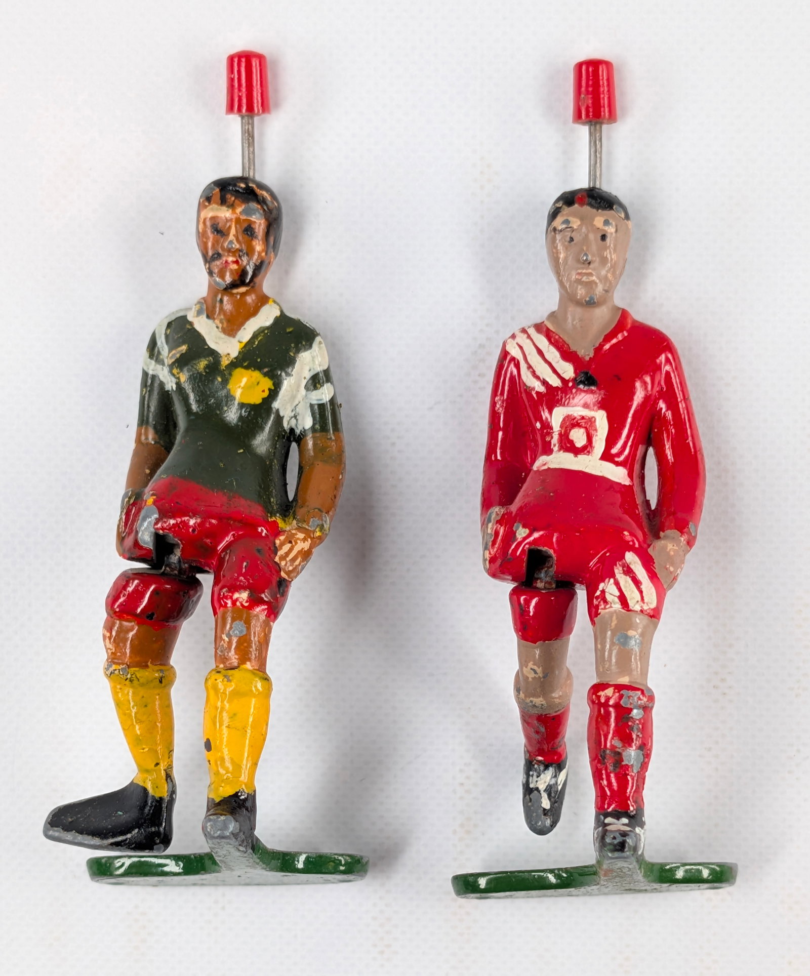 2) HAND PAINTED MECHANICAL TIPP KICK SOCCER PLAYERS: BOTH REMAIN IN FAIR TO GOOD CONDITION, SHOWING SOME REPAINTED.