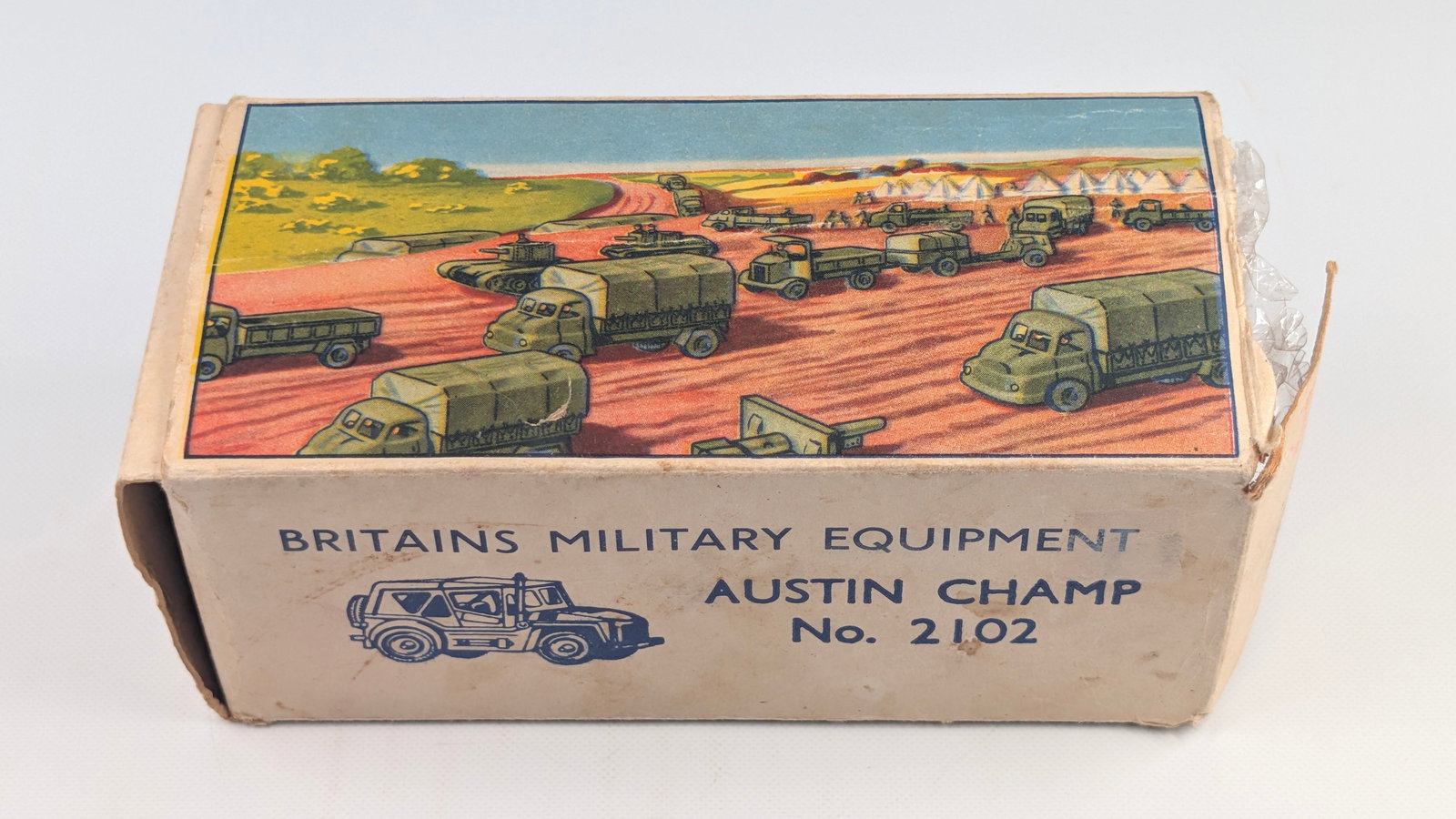 VINTAGE BRITAIN NO. 2102 AUSTIN CHAMP W/ BOX: REMAINS IN VERY GOOD CLEAN CONDITION. BOX SHOWING WEAR WITH ONE END FLAP TORN OFF AND MISSING.