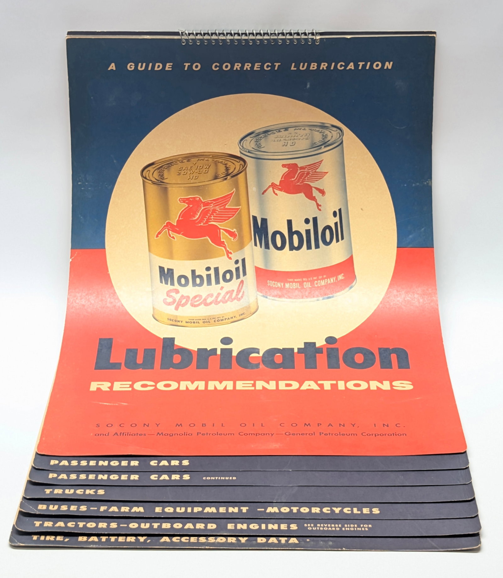SOCONY MOBIL OIL LUBRICATION RECOMMENDATIONS CHART: REMAINS IN GOOD CONDITION, SHOWING ONLY SOME LIGHT TYPICAL WEAR.
