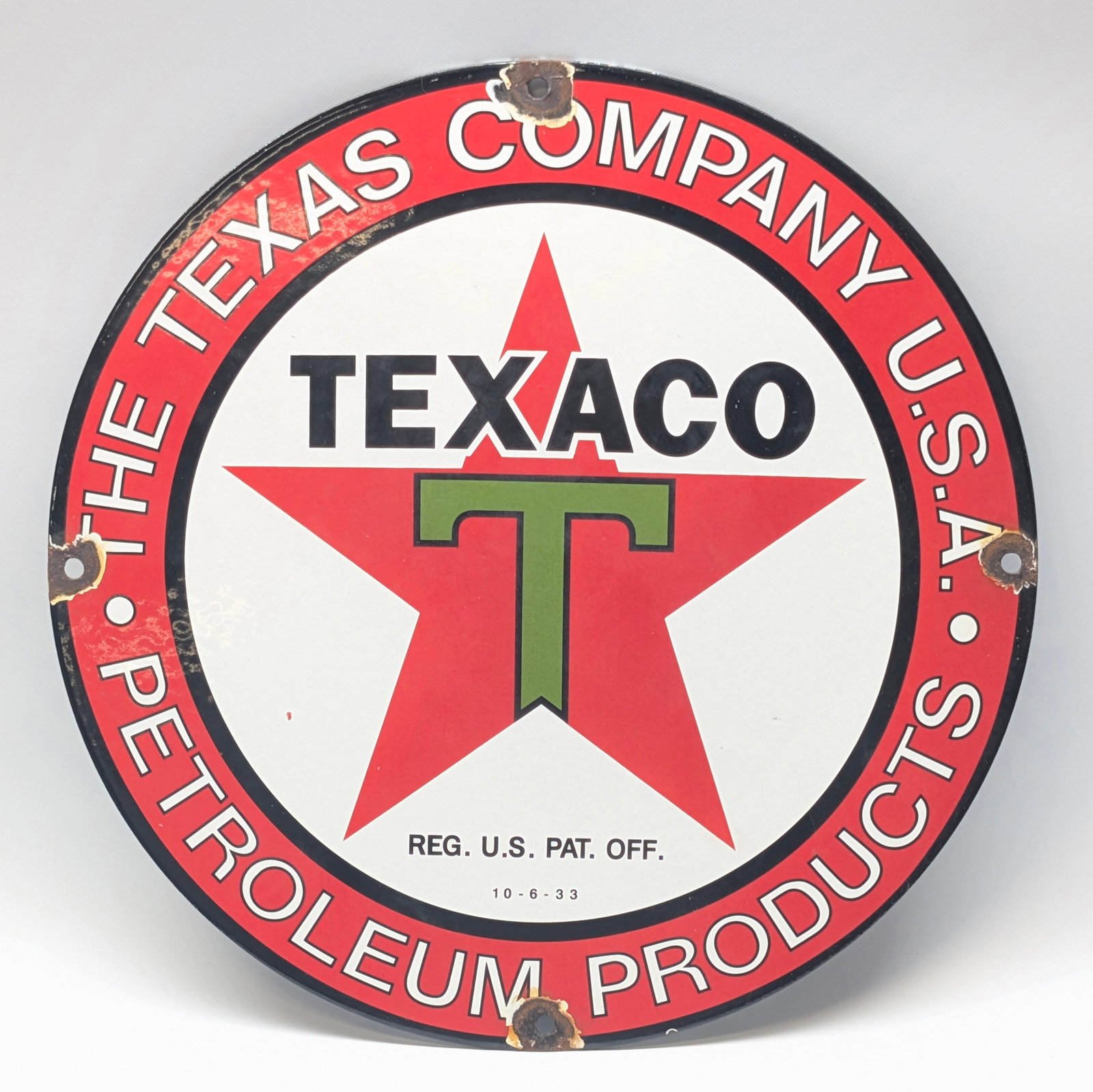 REPRODUCTION PORCELAIN TEXACO SIGN: REMAINS IN GOOD CONDITION, SHOWING WEAR SPOTS AT MOUNTING HOLES.