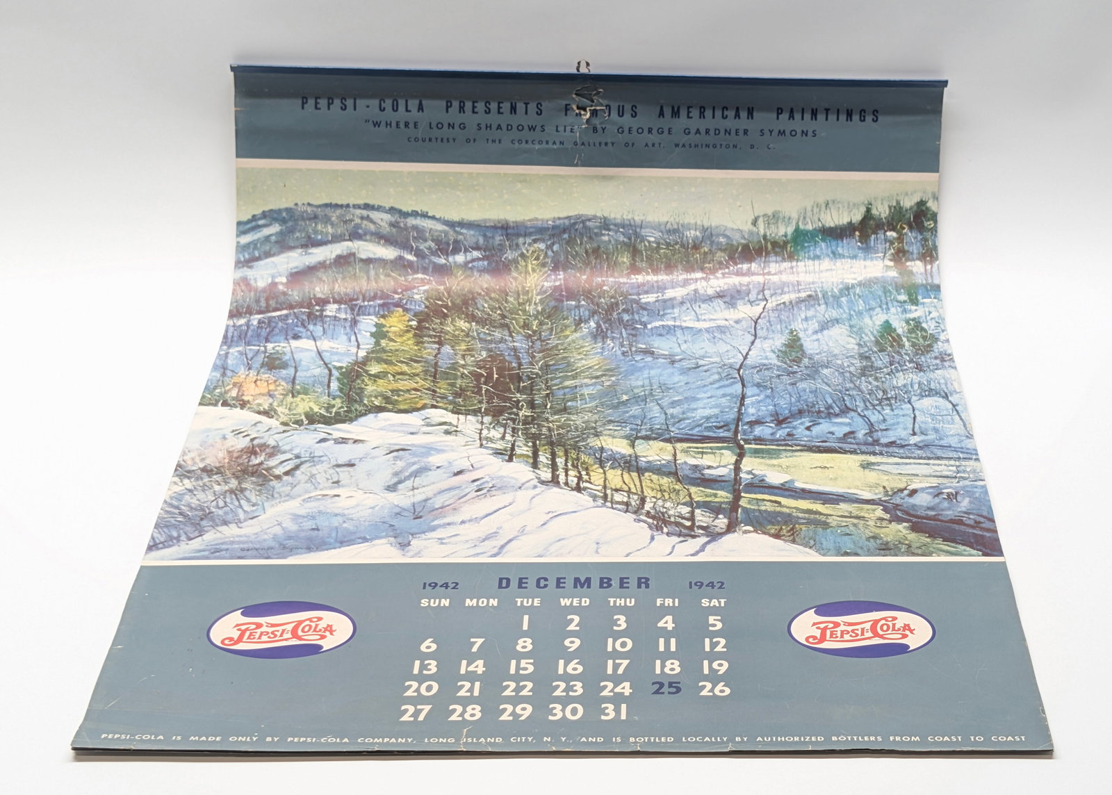 1942 / 1943 PEPSI COLA CALENDAR OF FAMOUS PAINTINGS: REMAINS IN GOOD CONDITION, SHOWING SOME LIGHT TYPICAL EDGE WEAR. A FEW TEARS ALONG CENTER AT TOP.